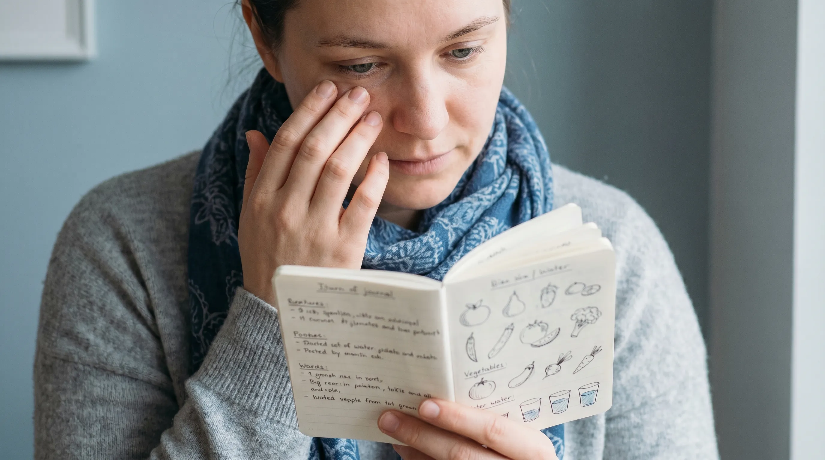 descriptive alt text showing a person gently massaging the under-eye area while reviewing a balanced meal journal, highlighting the connection between diet and skin health