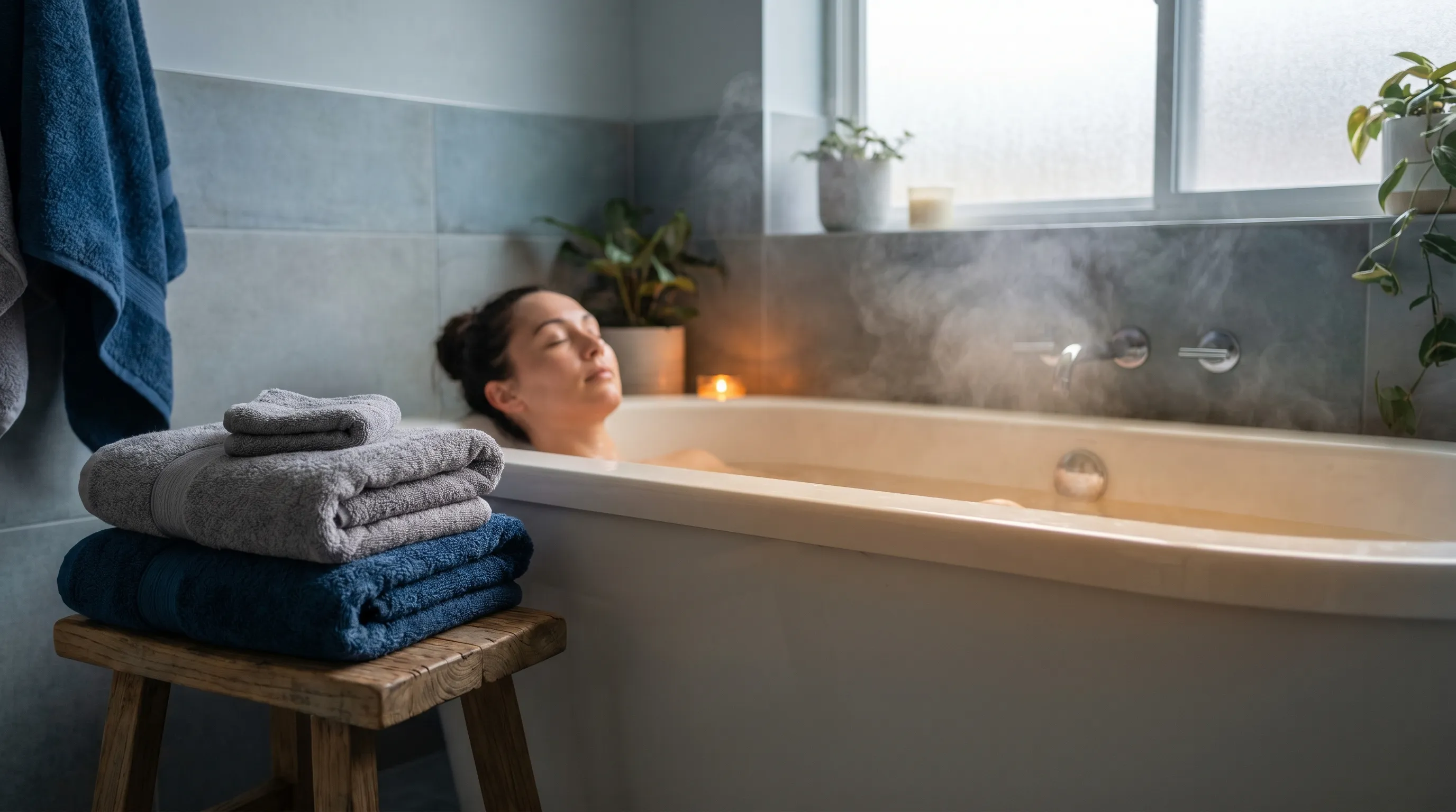 A person relaxing in a warm bath with visible steam and neatly arranged bath towels, gray and blue tones