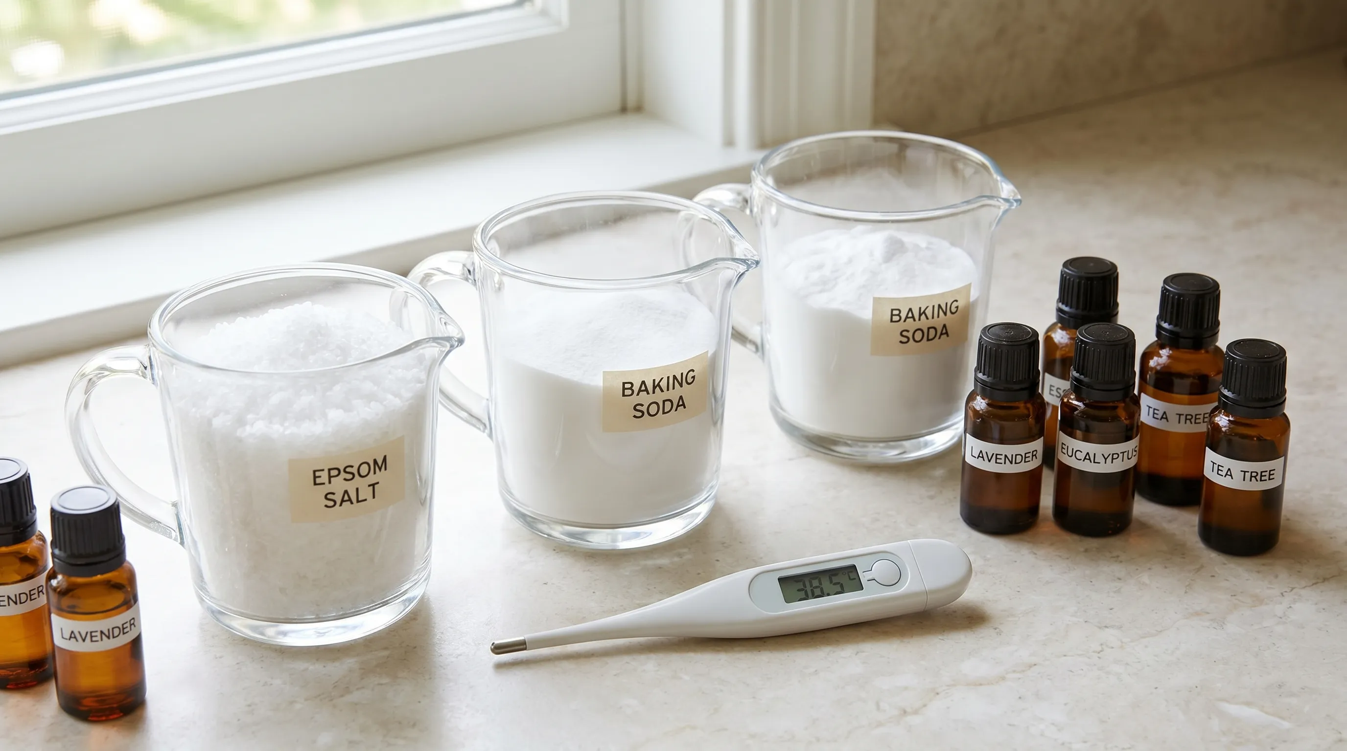 A close-up of measuring cups filled with coarse Epsom salts and fine baking soda next to a digital thermometer and essential oil bottles, clinical yet natural lighting