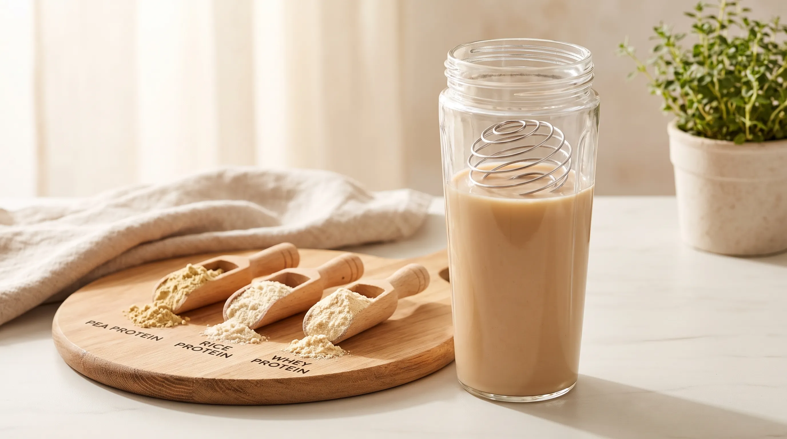 A close-up shot of a clear glass shaker bottle filled with a smooth, light brown protein shake, placed next to a wooden cutting board with scoops of pea, rice, and whey protein powder, soft morning light, clinical yet warm aesthetic