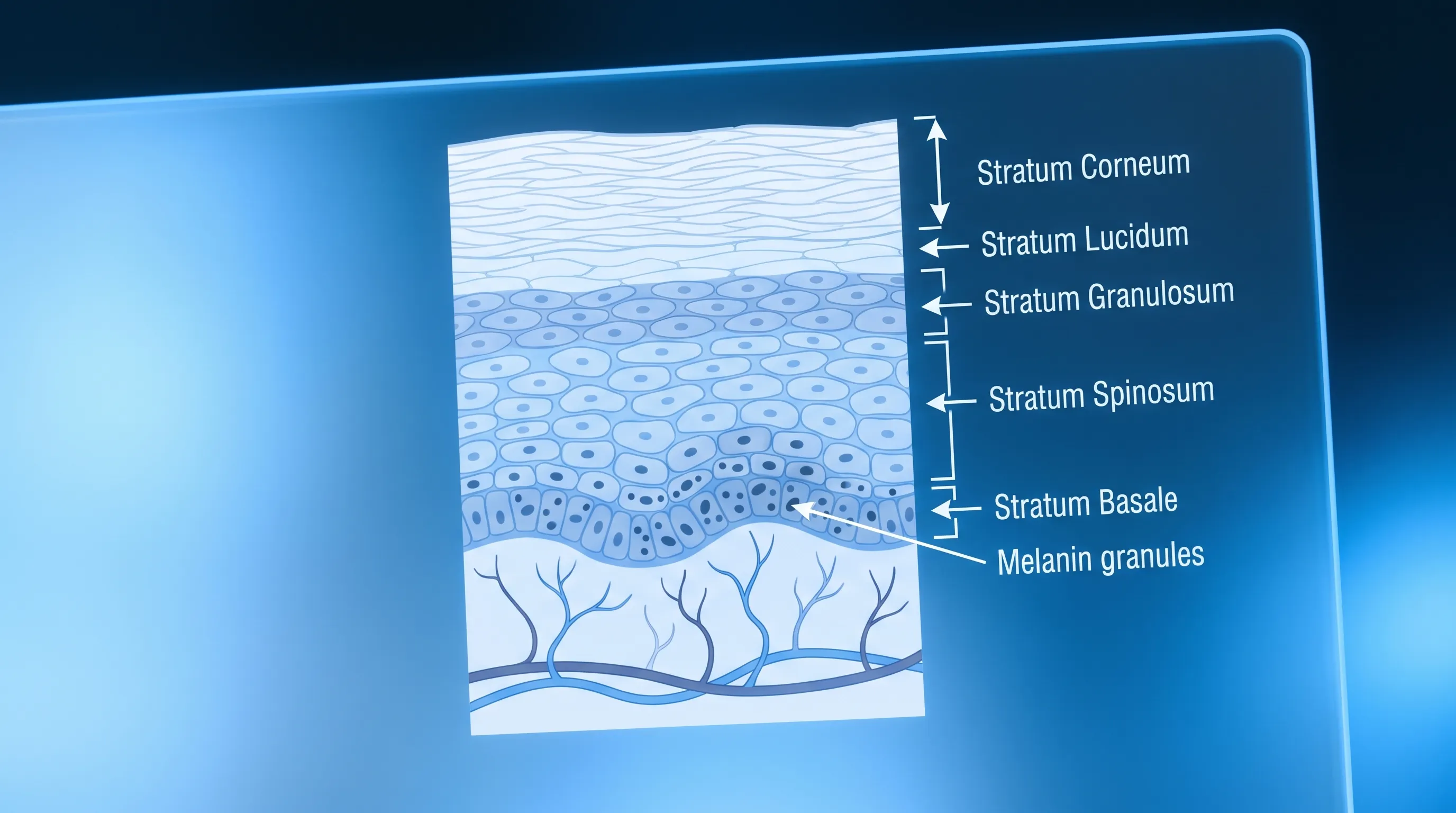 Cross-section of plantar skin showing epidermal layers and melanin distribution
