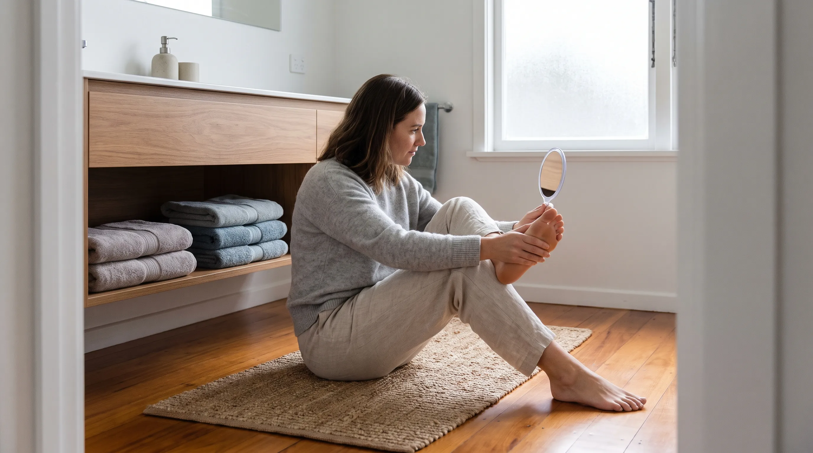 Daily foot inspection routine with mirror and natural lighting