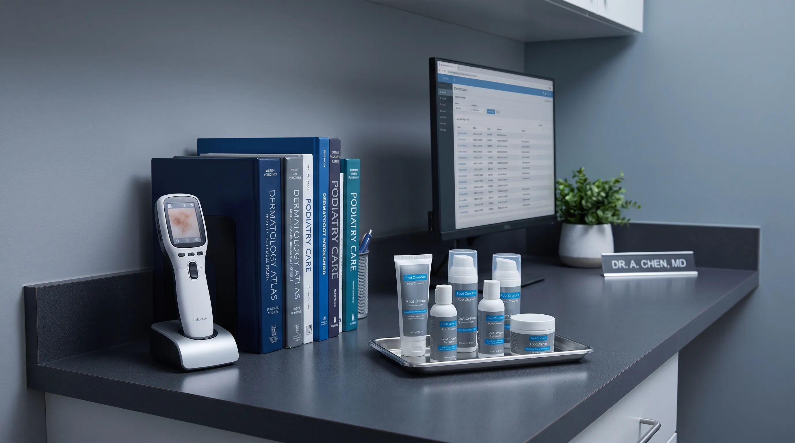 Clinical dermatology tools and foot care reference materials on examination desk