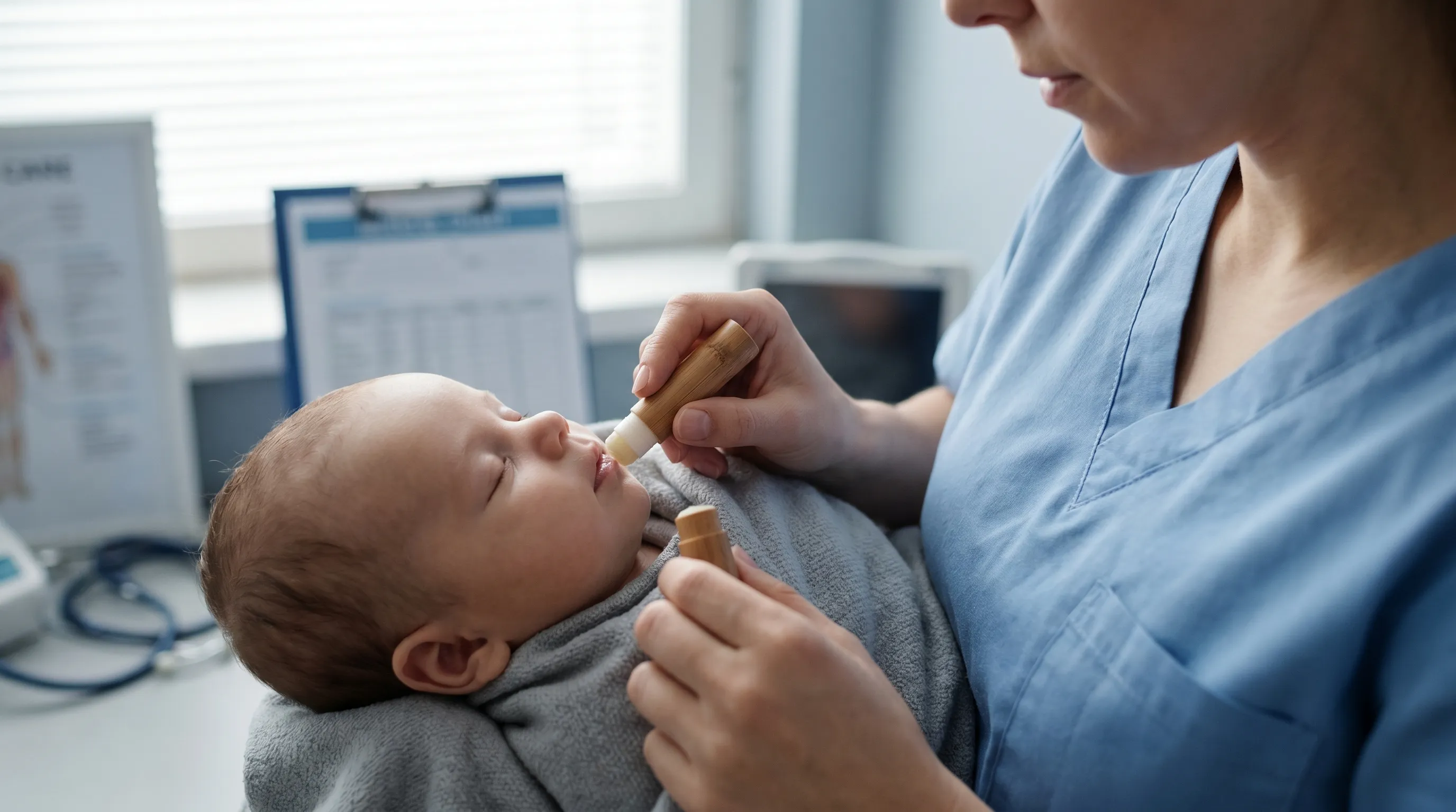 A caregiver gently applying a safe moisturizer to a calm baby's lips in a softly lit nursery, emphasizing gentle infant skincare practices, styled in muted gray and blue tones for a calming medical aesthetic