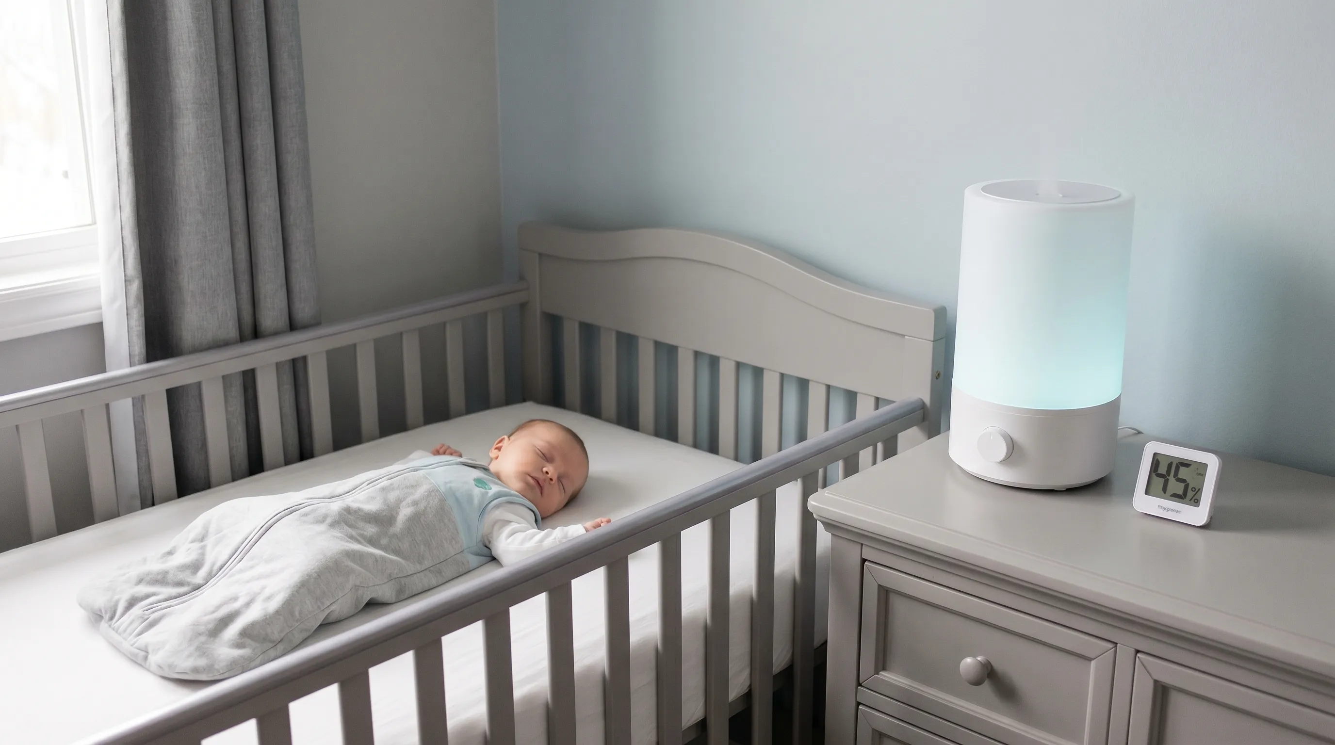 A peaceful nursery scene showing an infant resting comfortably next to a quiet cool-mist humidifier, highlighting environmental moisture control for infant skin health, styled in calming gray and blue tones