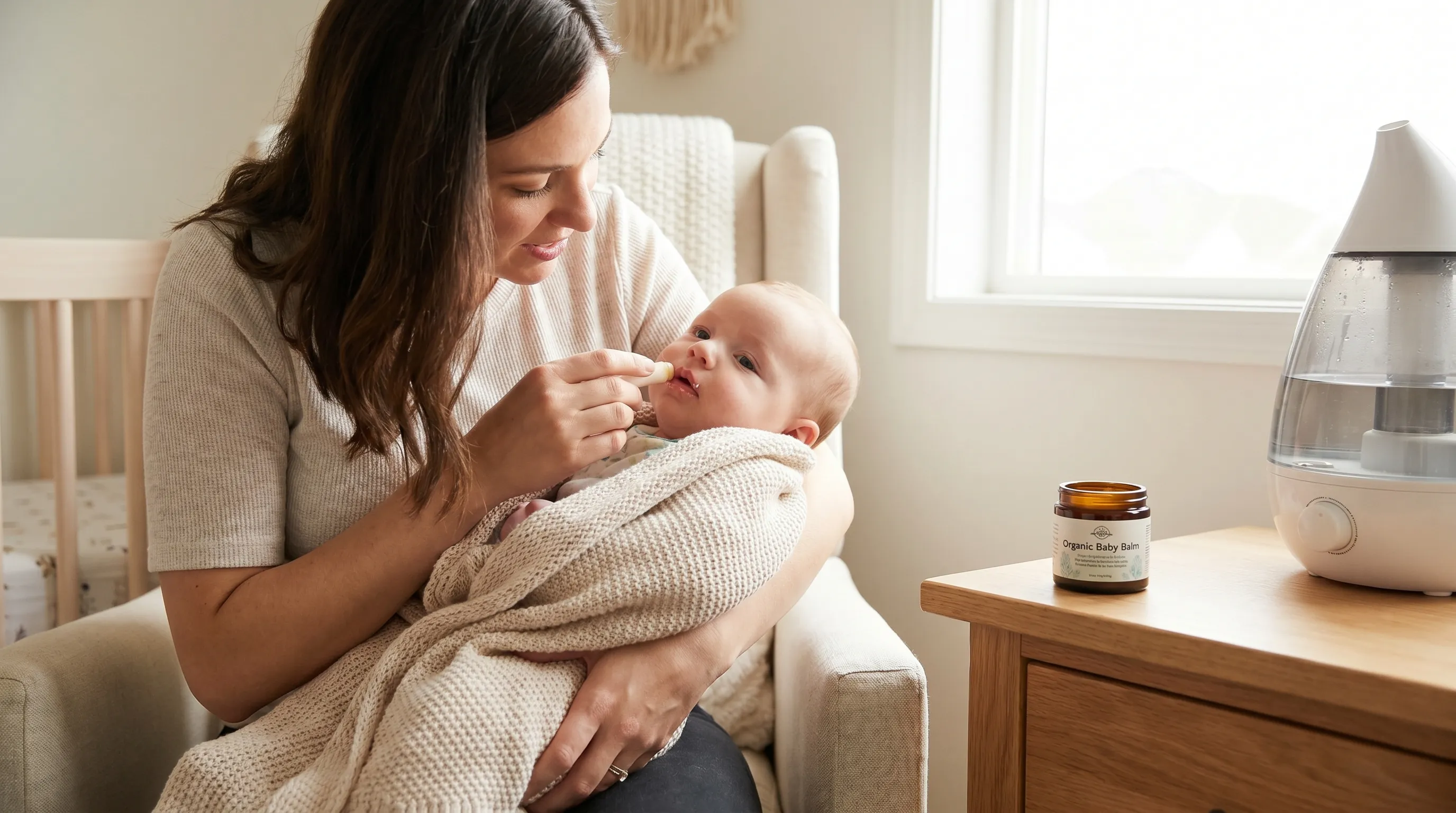 A close-up lifestyle image of a caregiver's hands gently holding a sleeping newborn's face, focusing on peaceful infant rest and natural skin health, styled in soft gray and blue tones, 4:3