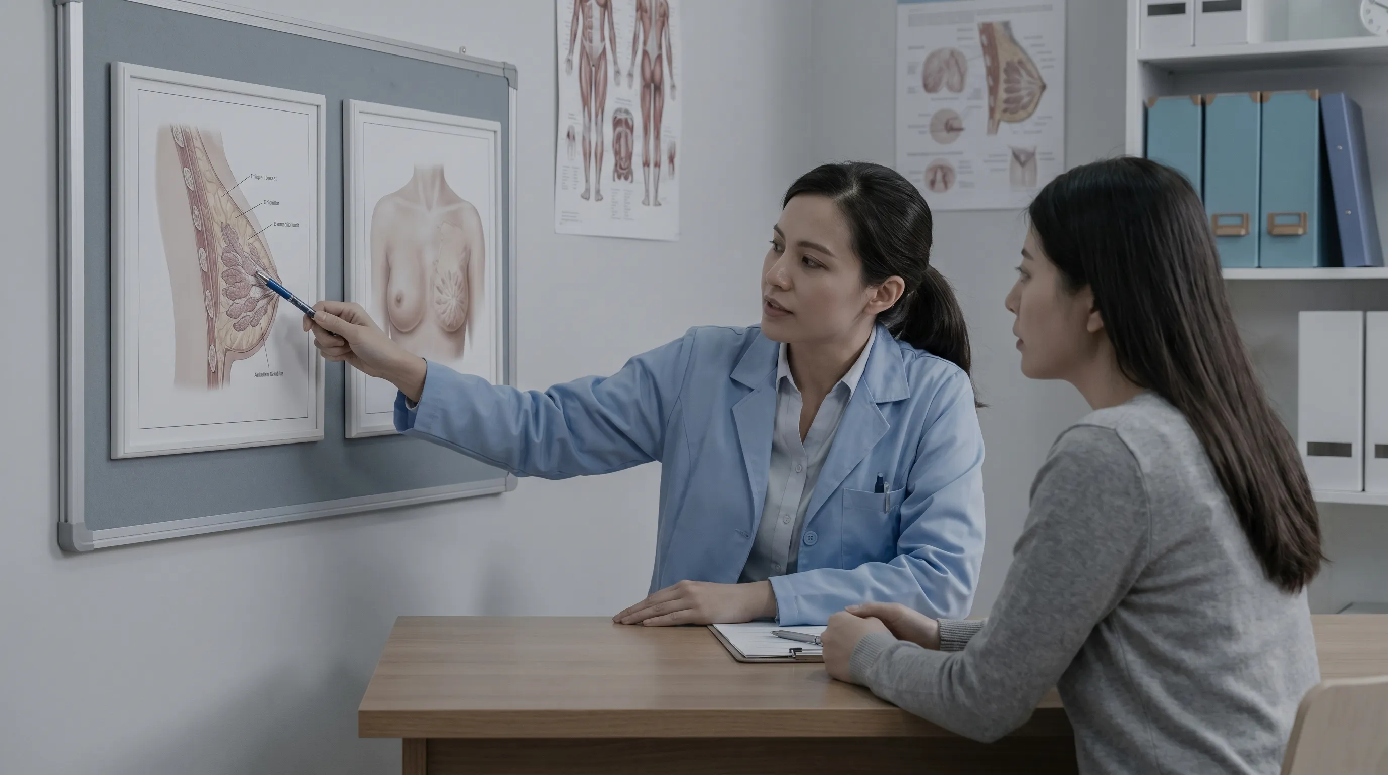 Clinical consultation showing anatomical education materials and a compassionate healthcare discussion