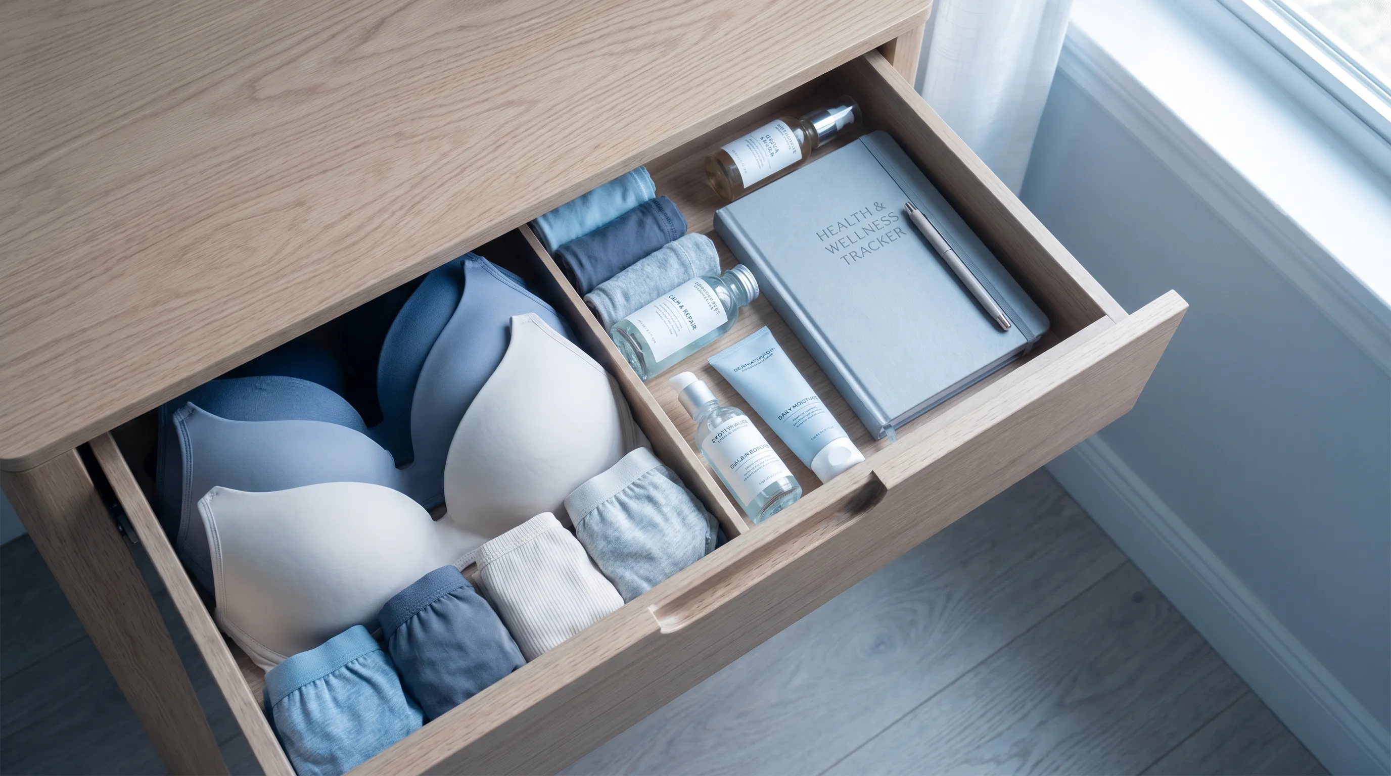 Organized wellness routine featuring supportive garments, skincare essentials, and health tracking materials