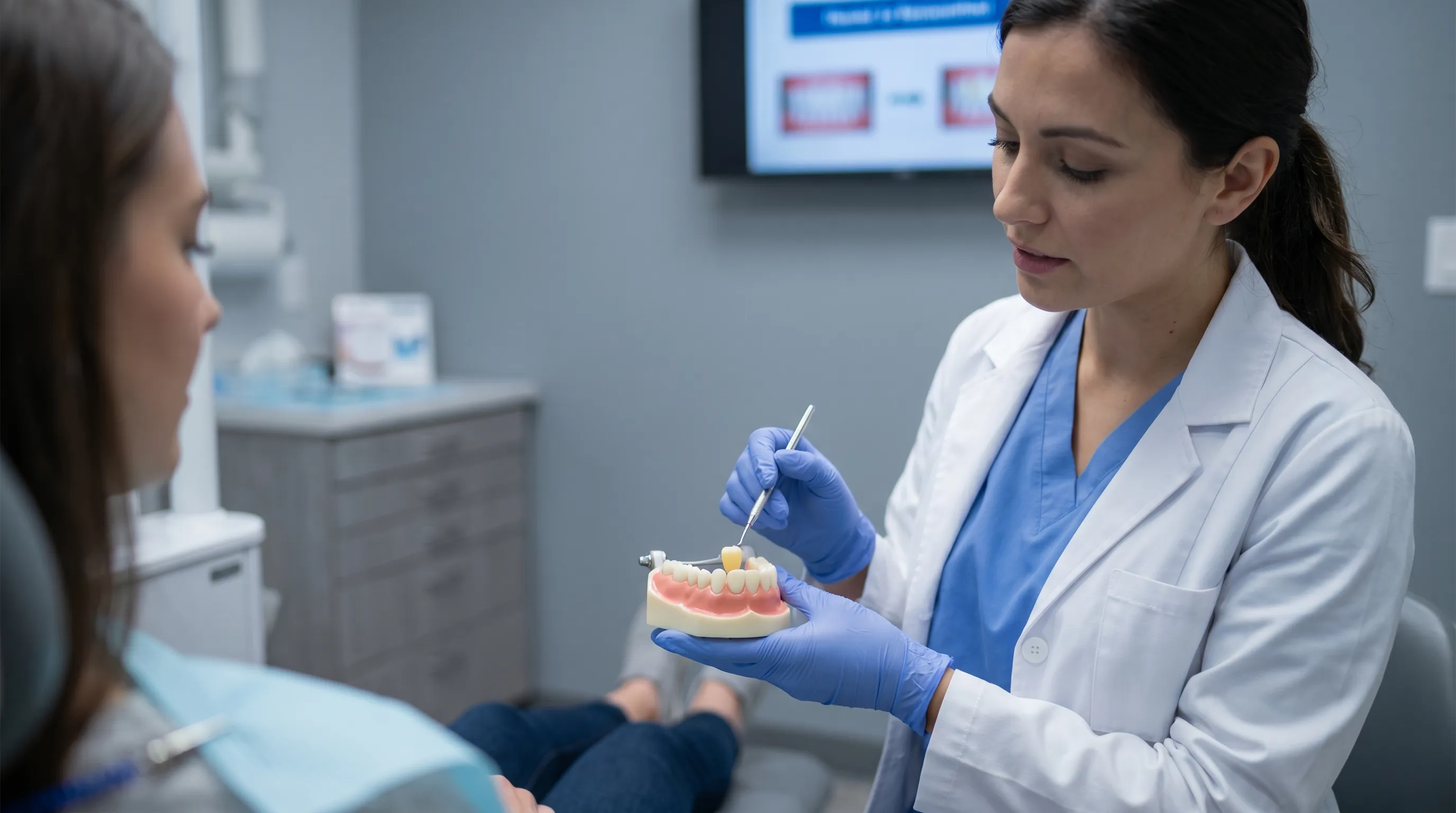 A dentist carefully placing and adjusting a temporary crown on a dental model under bright clinical lighting, focusing on precise occlusal contacts, gray and blue medical aesthetic, photorealistic, educational context