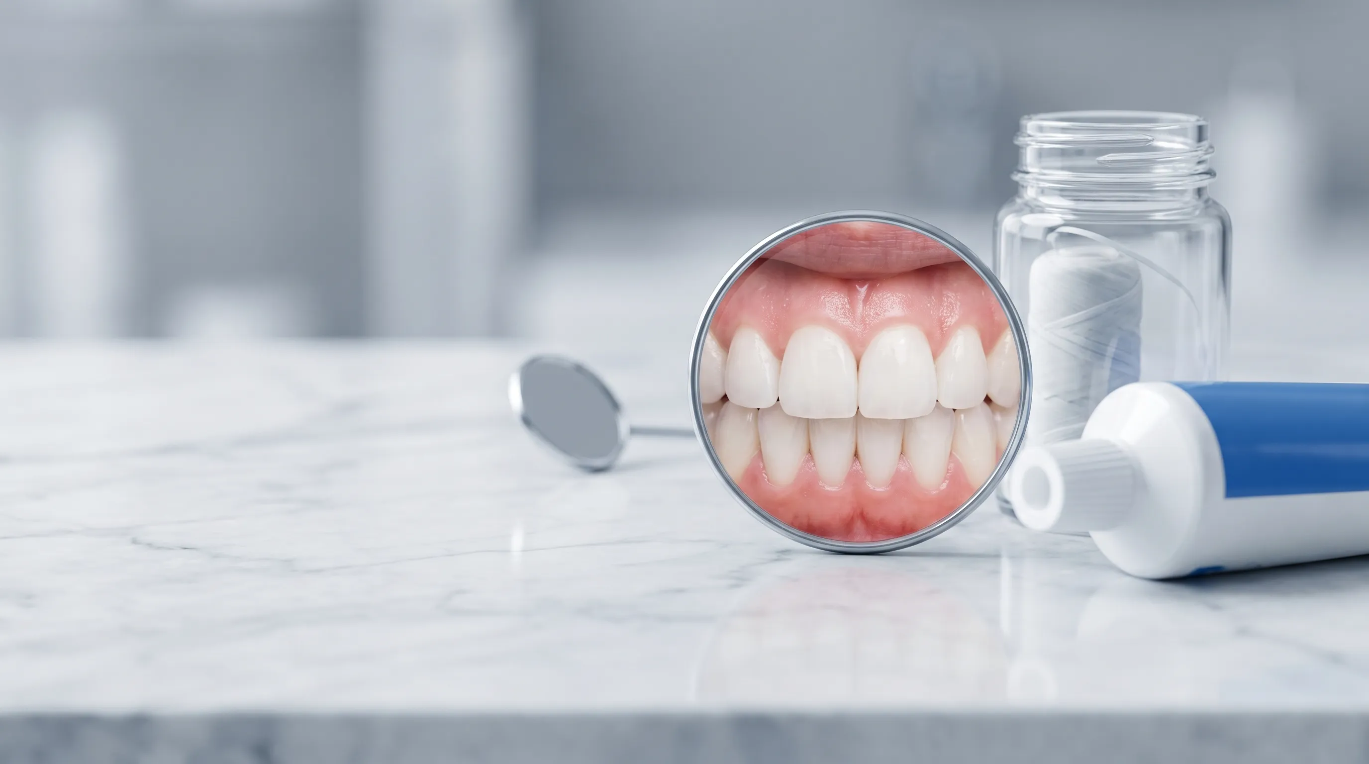 Professional dental examination showing healthy teeth and gums next to oral care products on a clean countertop