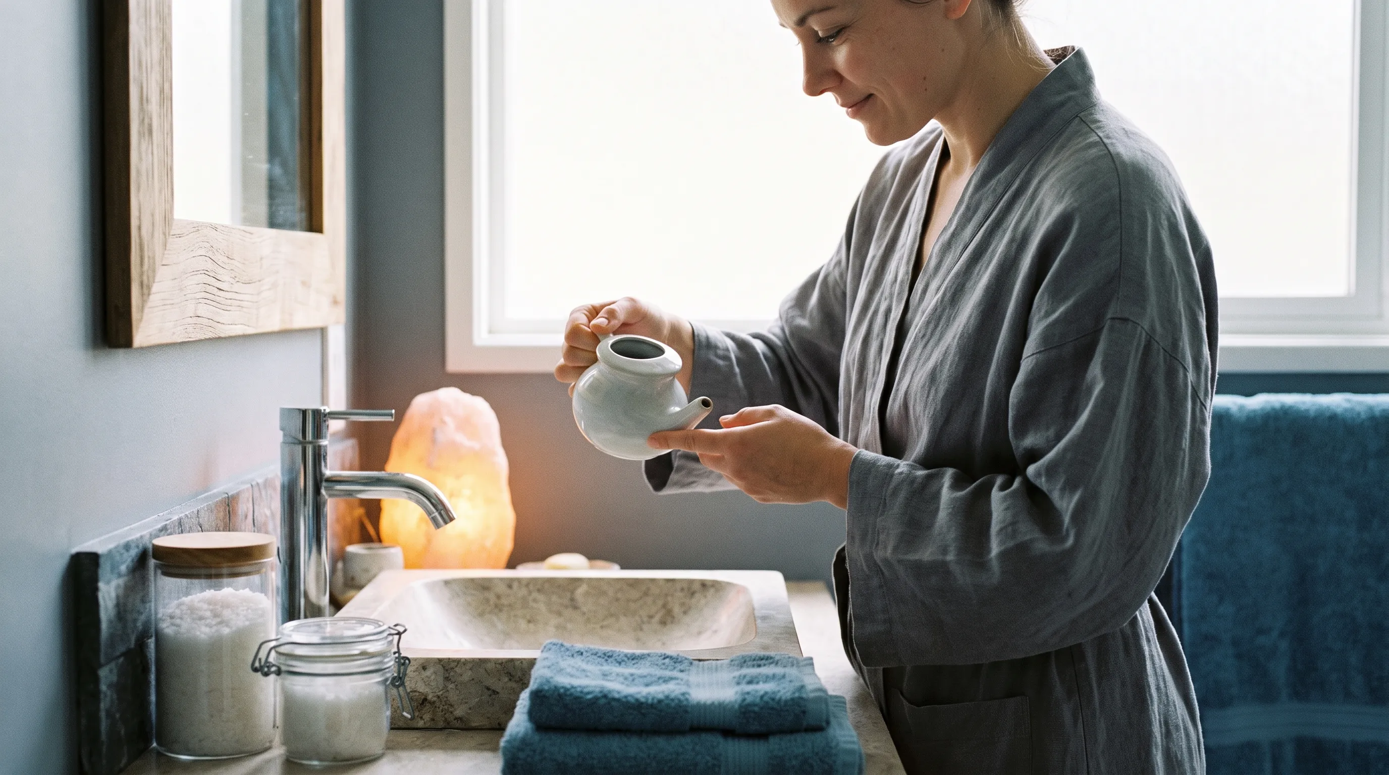 Person performing a gentle saltwater rinse over a bathroom sink with soft ambient lighting