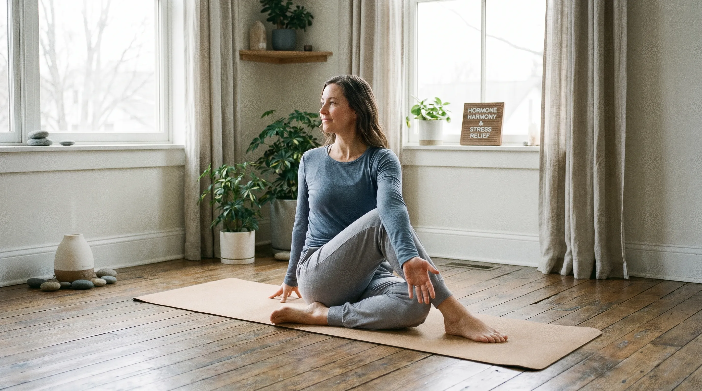 A health-conscious individual practicing mindful breathing and gentle stretching in a calm, naturally lit wellness environment focused on stress reduction and hormonal balance