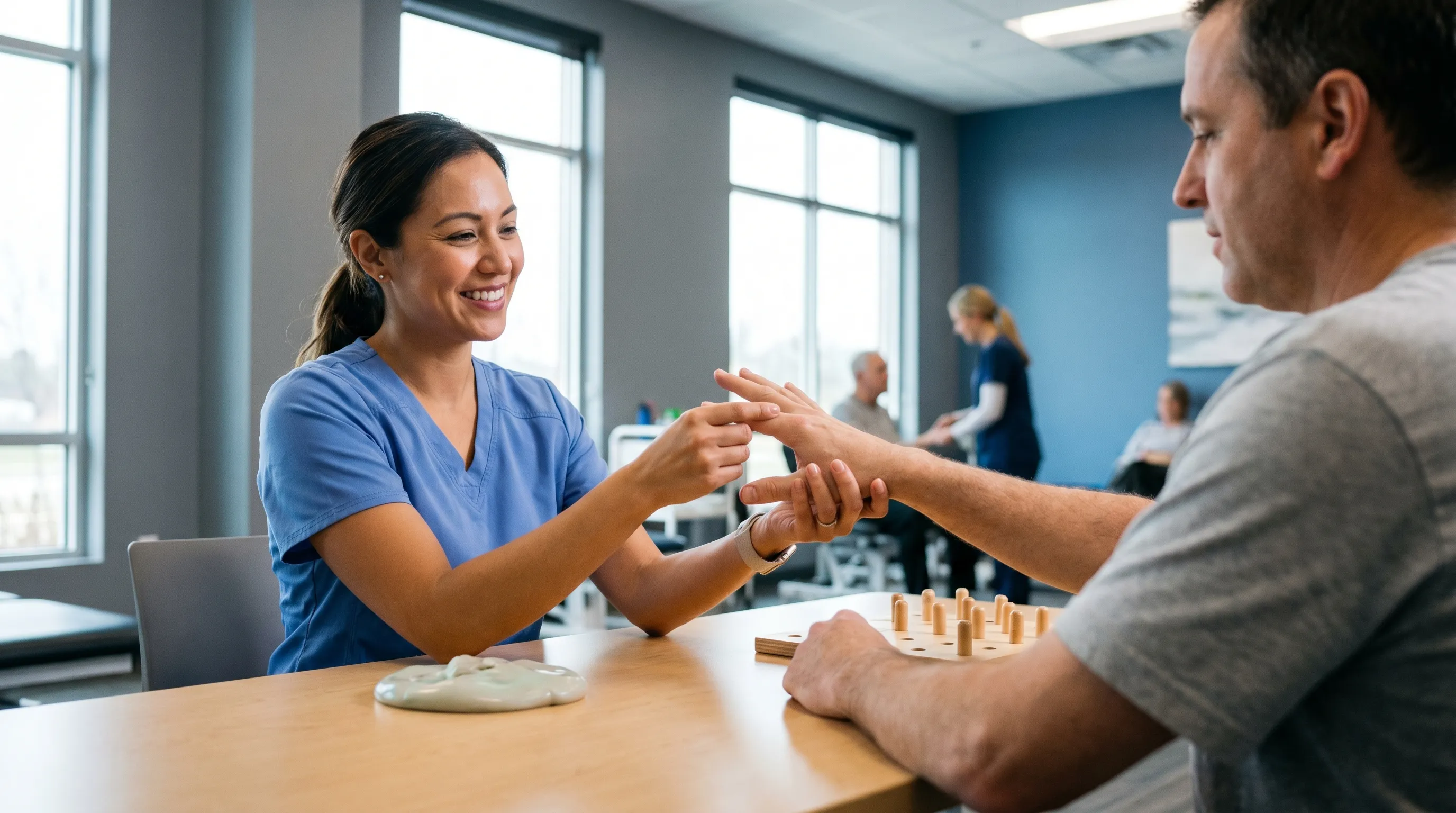 A clinician examining a patient's hand joints with a focus on the MCP area, emphasizing anatomical structure in a calm medical office setting with gray and blue tones