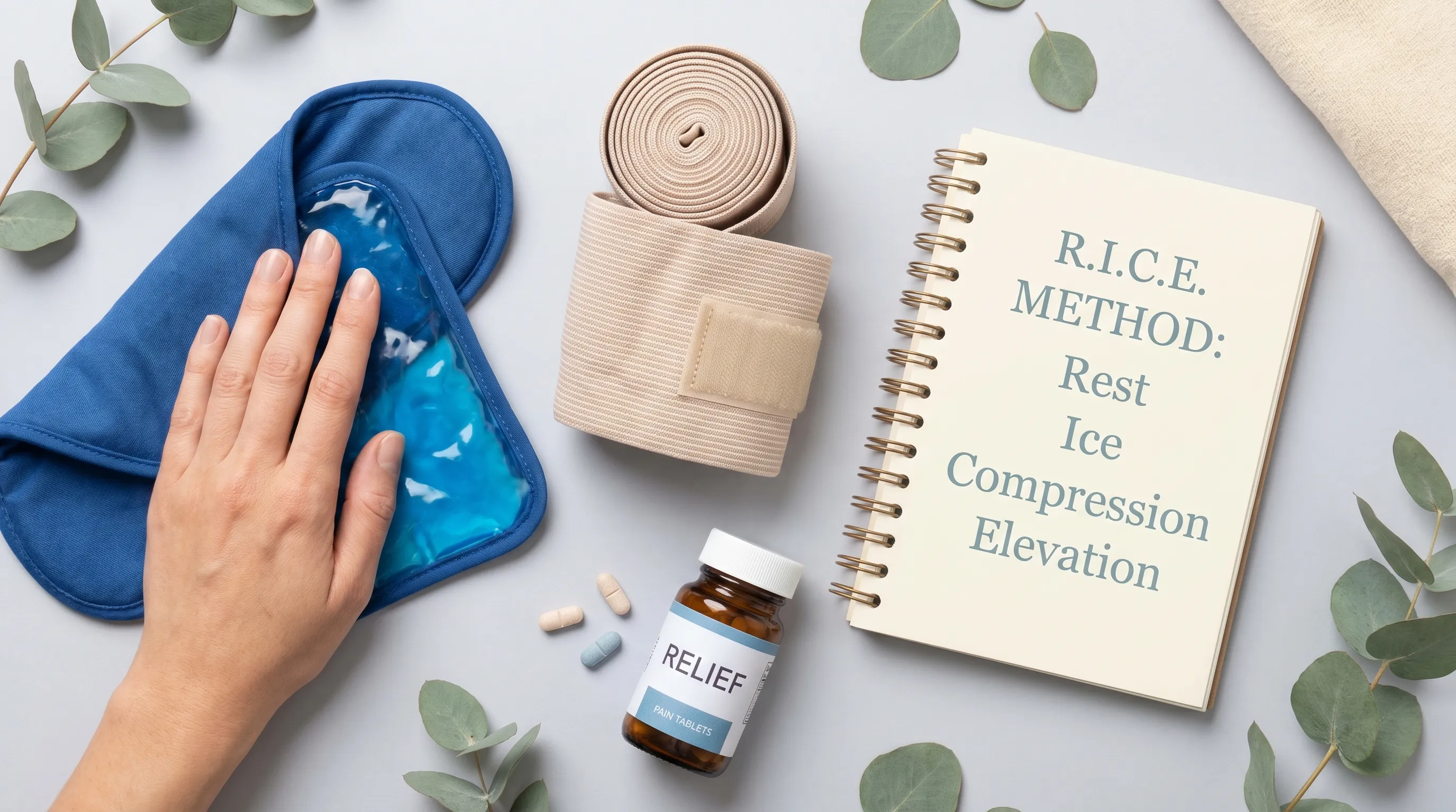 A carefully arranged first aid kit on a clean surface with an ice pack, elastic wrap, and elevation pillow positioned next to a hand, styled in calming blue and neutral medical tones