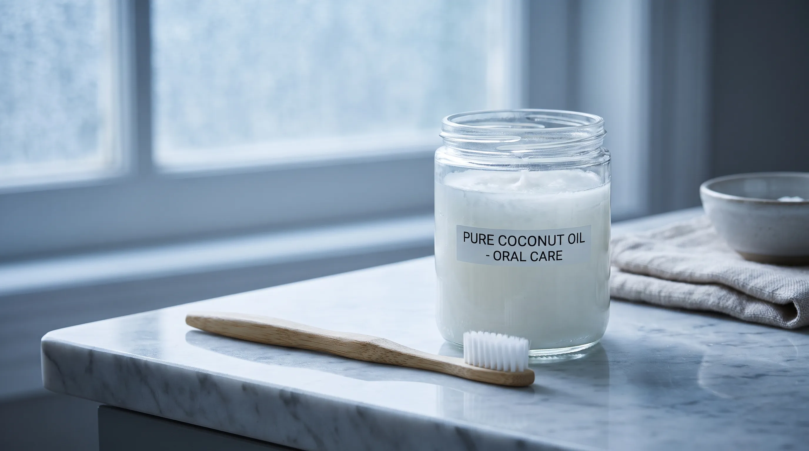 Close-up of fresh coconut oil in a glass bowl with a wooden spoon next to a bright smile