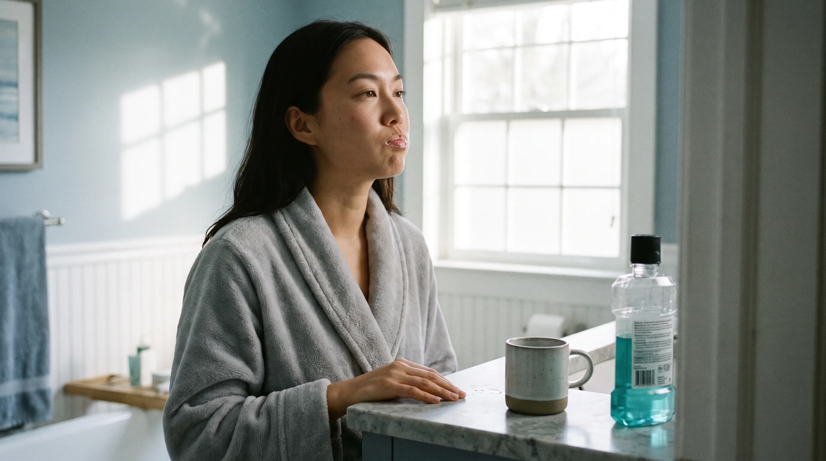 Person gently rinsing mouth with coconut oil in a well-lit modern bathroom