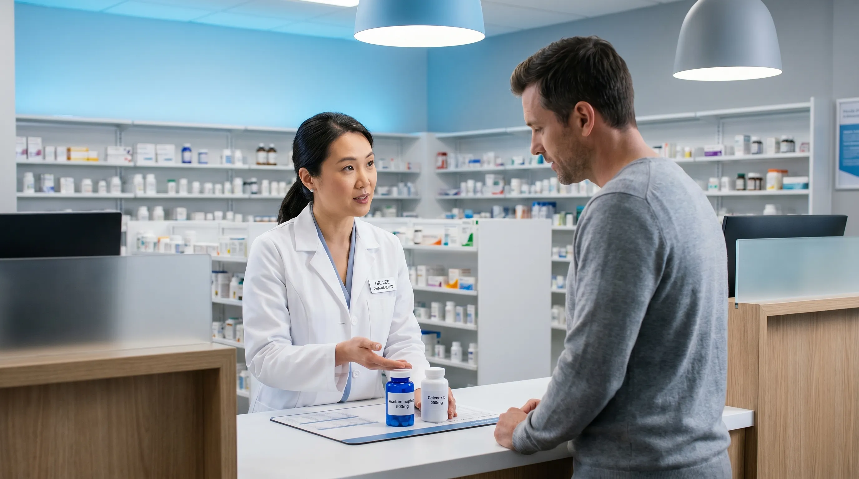 A licensed pharmacist reviewing medication labels with a patient in a clean, modern clinical setting, emphasizing medication safety and professional consultation
