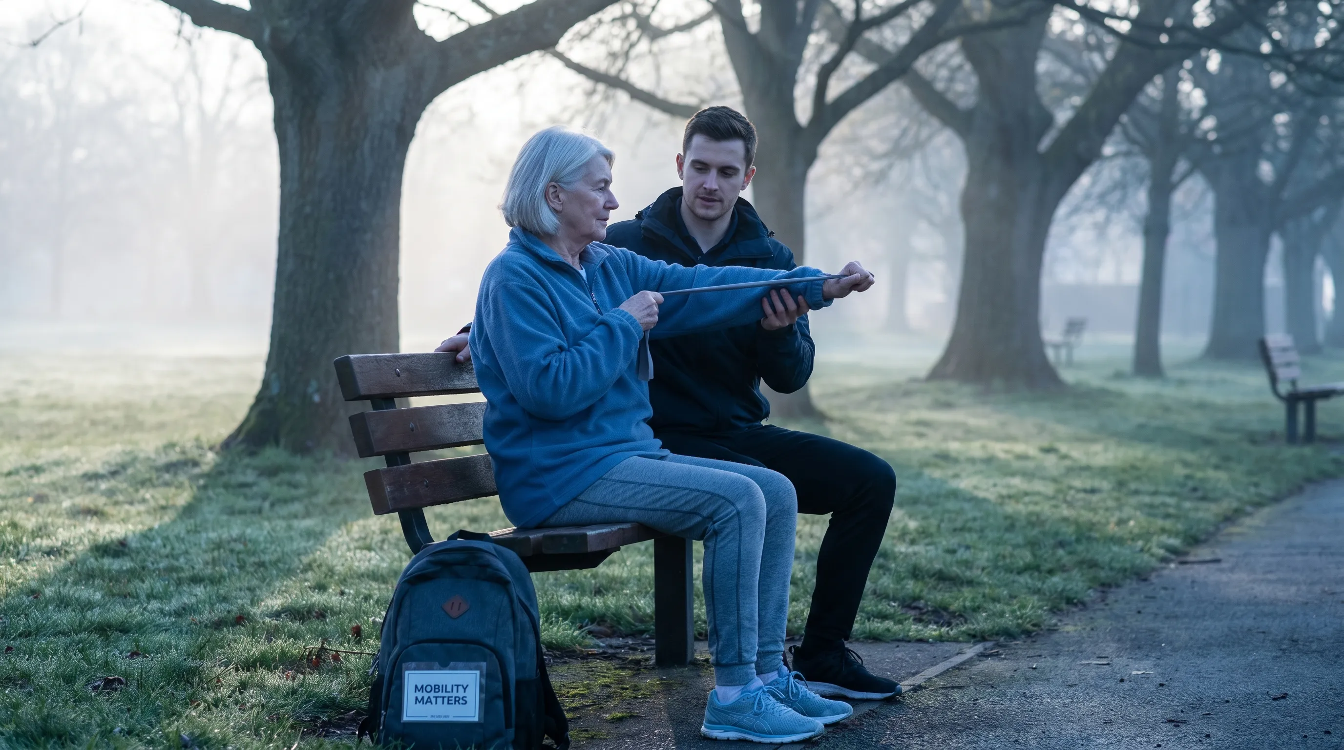 An older adult practicing gentle physical therapy stretches in a peaceful park setting, symbolizing mobility recovery and holistic chronic pain management