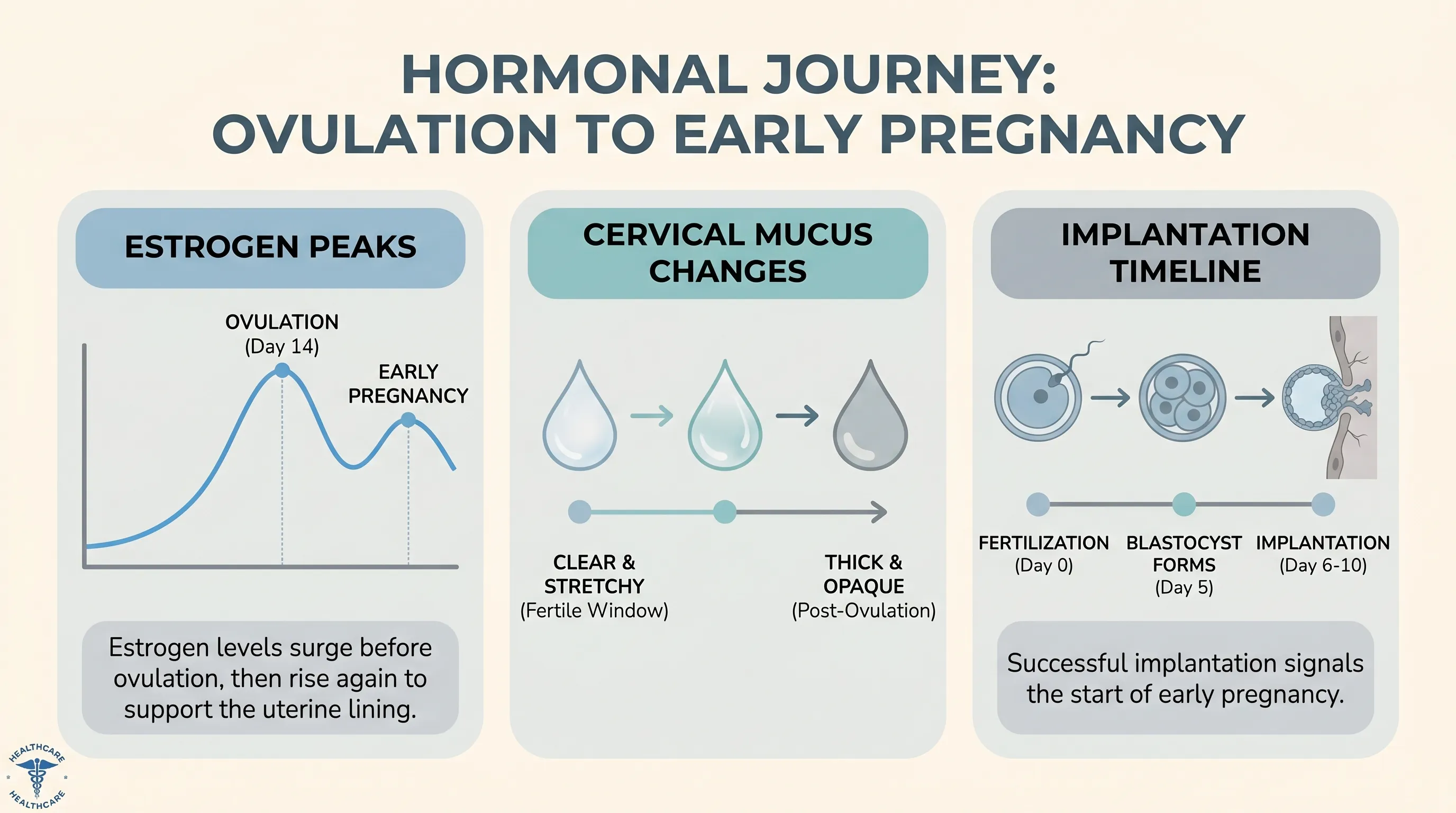 A medical infographic showing the hormonal transition from ovulation to early pregnancy, highlighting estrogen peaks, cervical mucus changes, and implantation timeline, designed with soft blue and gray tones for a healthcare publication.