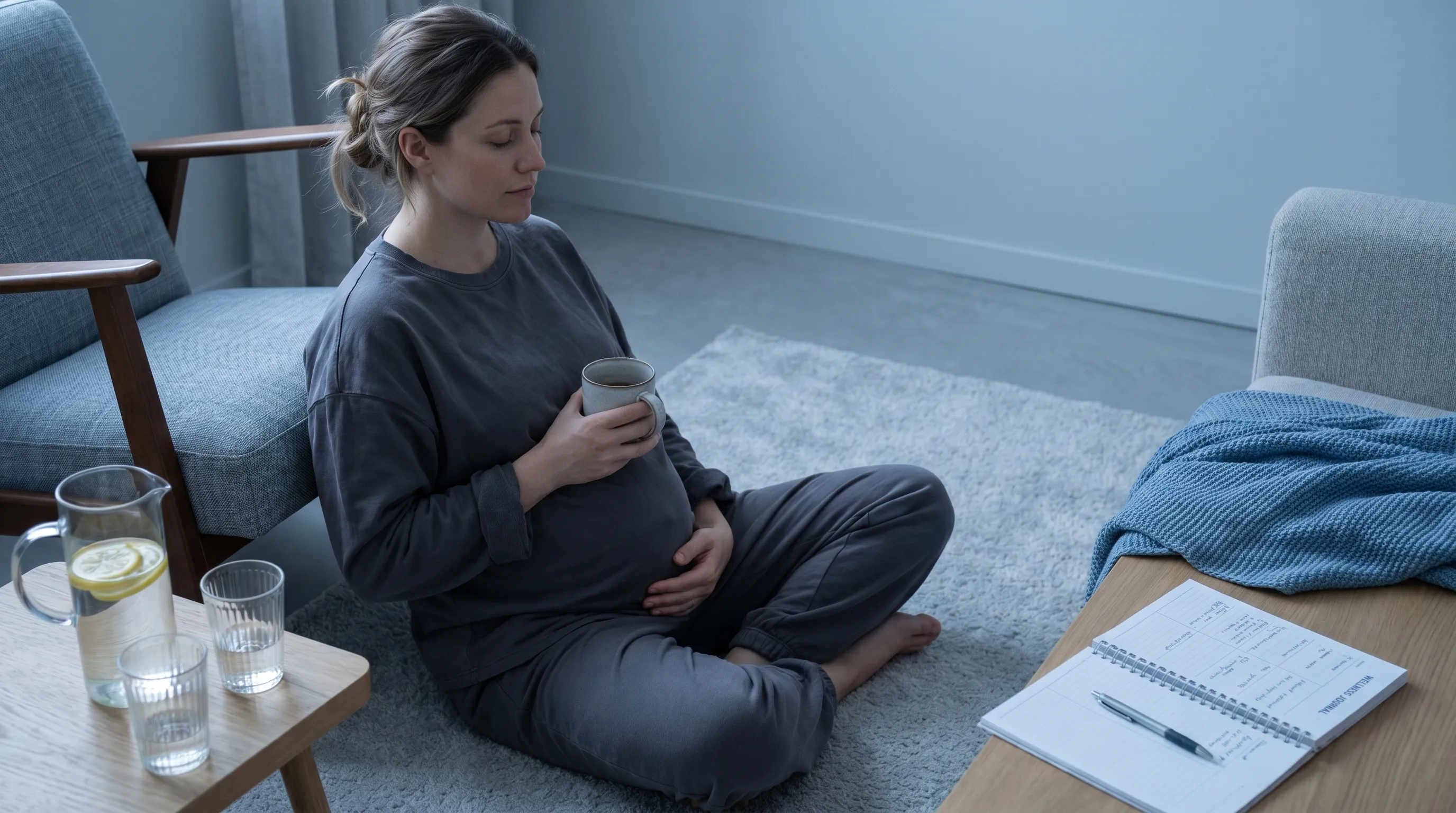 A serene lifestyle scene of a pregnant woman practicing gentle pelvic floor awareness and hydration habits, featuring breathable cotton clothing and a neatly arranged wellness journal, shot in muted blue and gray tones.