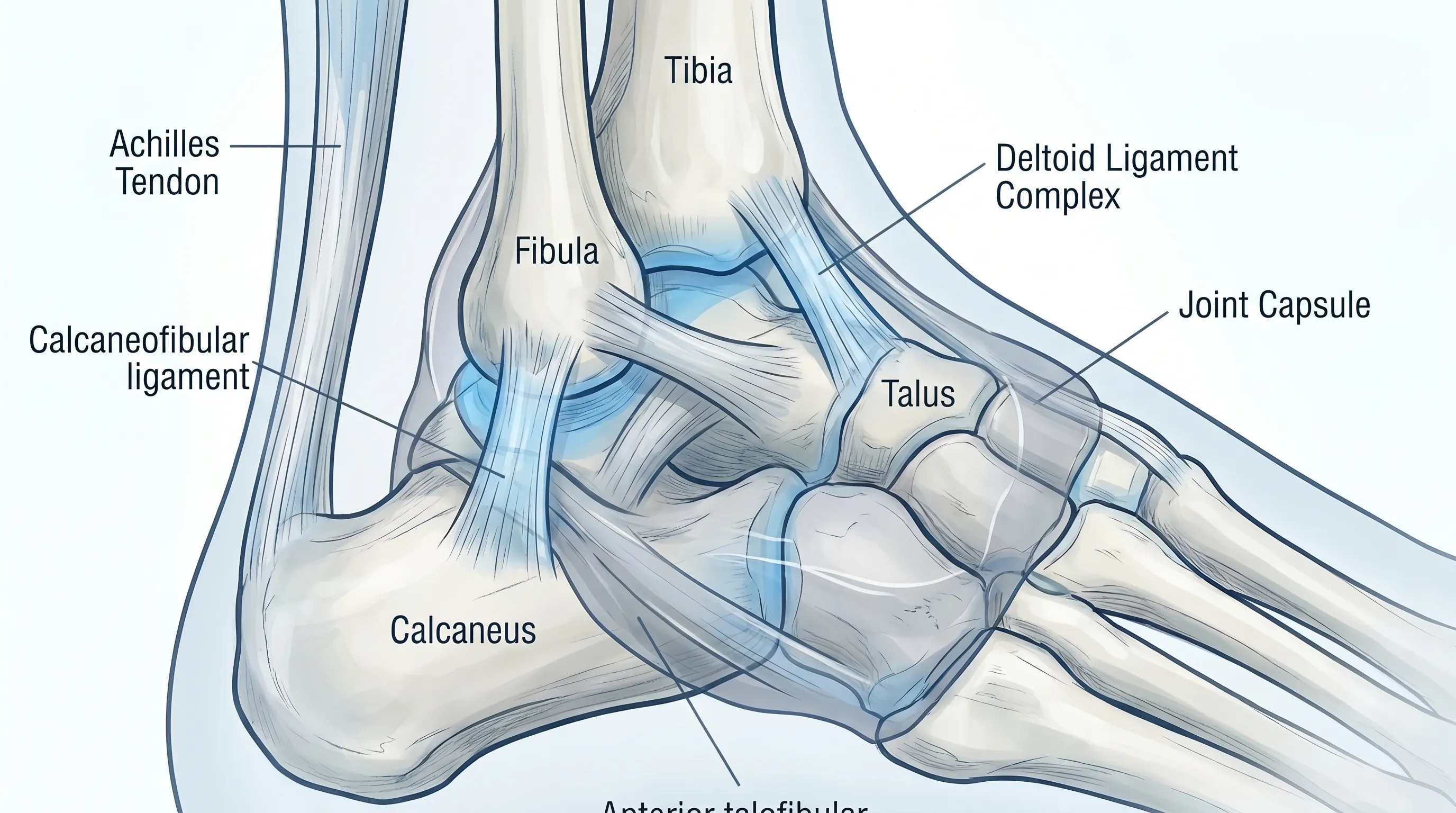 Close-up medical illustration of an ankle joint with highlighted soft tissue structures, tendons, and joint capsule pathways, rendered in clean anatomical style with blue and gray overlays