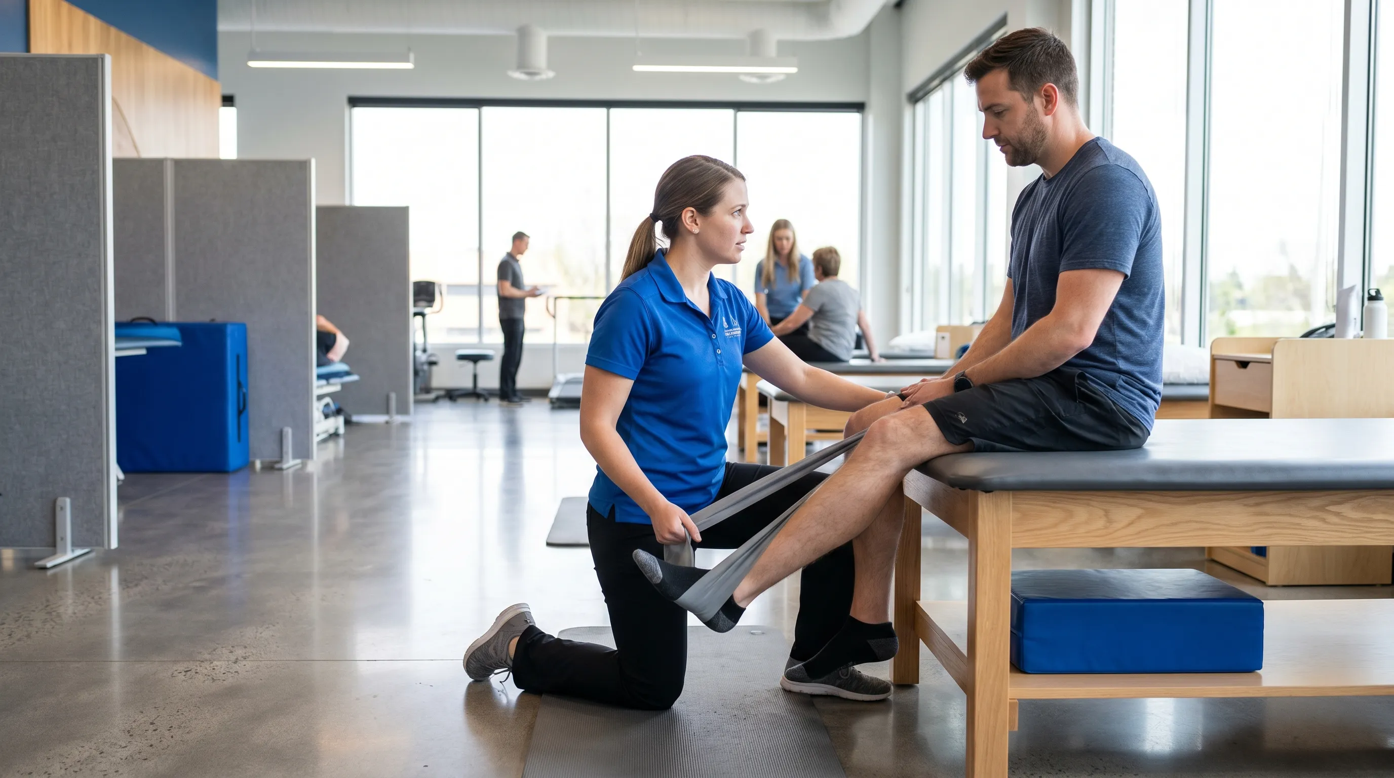 Physical therapist guiding a patient through gentle ankle mobility exercises with resistance bands in a modern rehabilitation clinic, natural lighting, gray and blue color palette