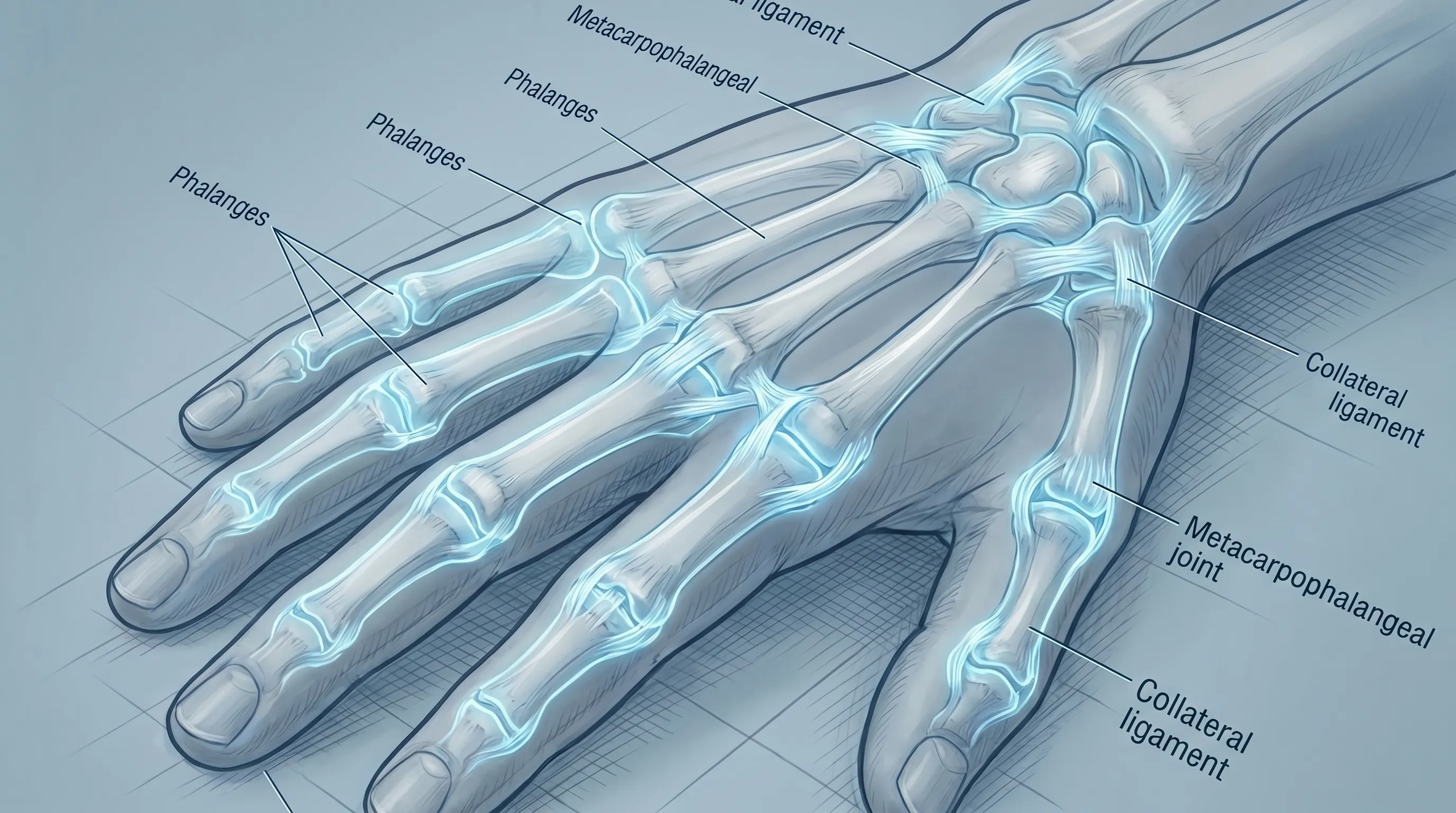 Close-up clinical illustration showing a healthy human hand with highlighted phalanges, joints, and ligaments, medical textbook style, soft blue and gray lighting, 4:3 ratio