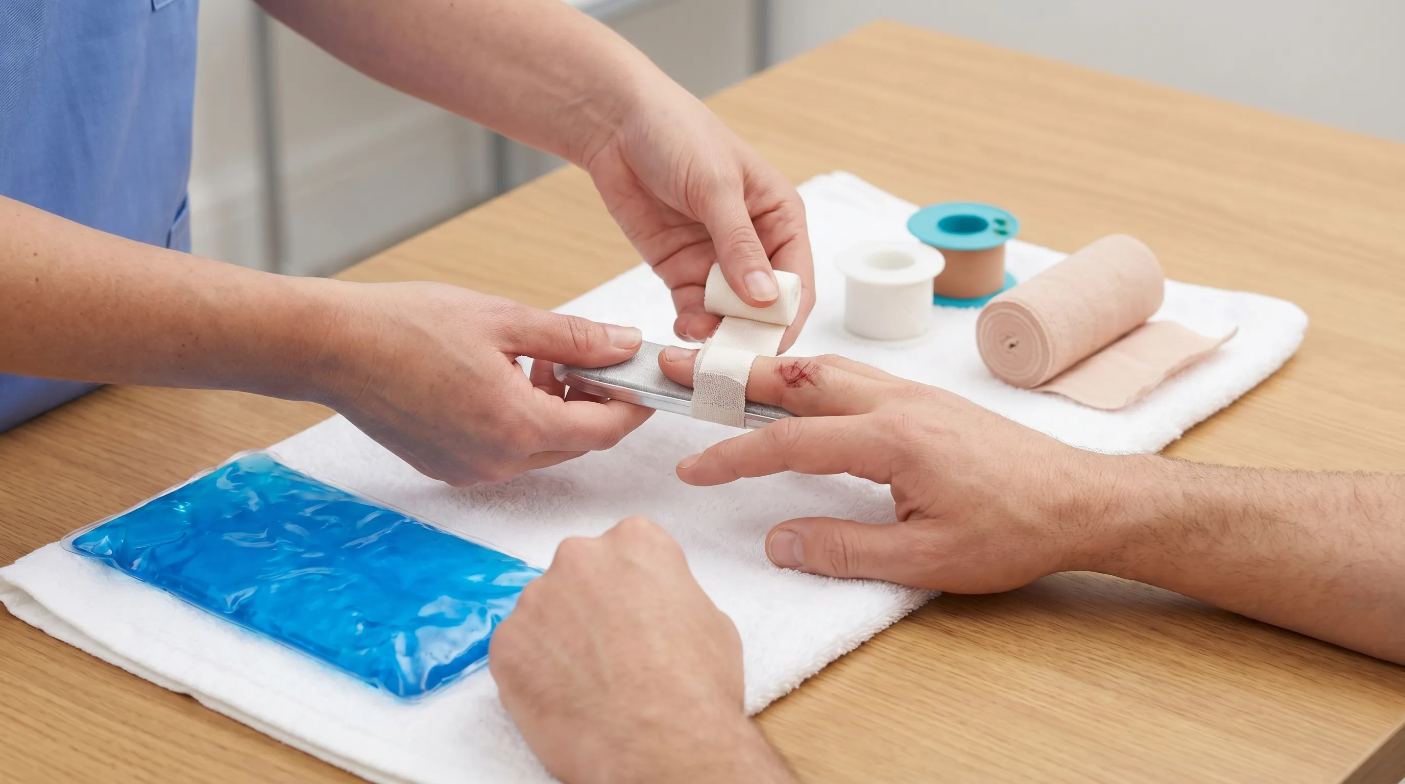 A person applying a medical splint and buddy tape to an injured finger, hands visible on a clean table with ice pack and elastic bandages, realistic healthcare photography, 4:3 ratio