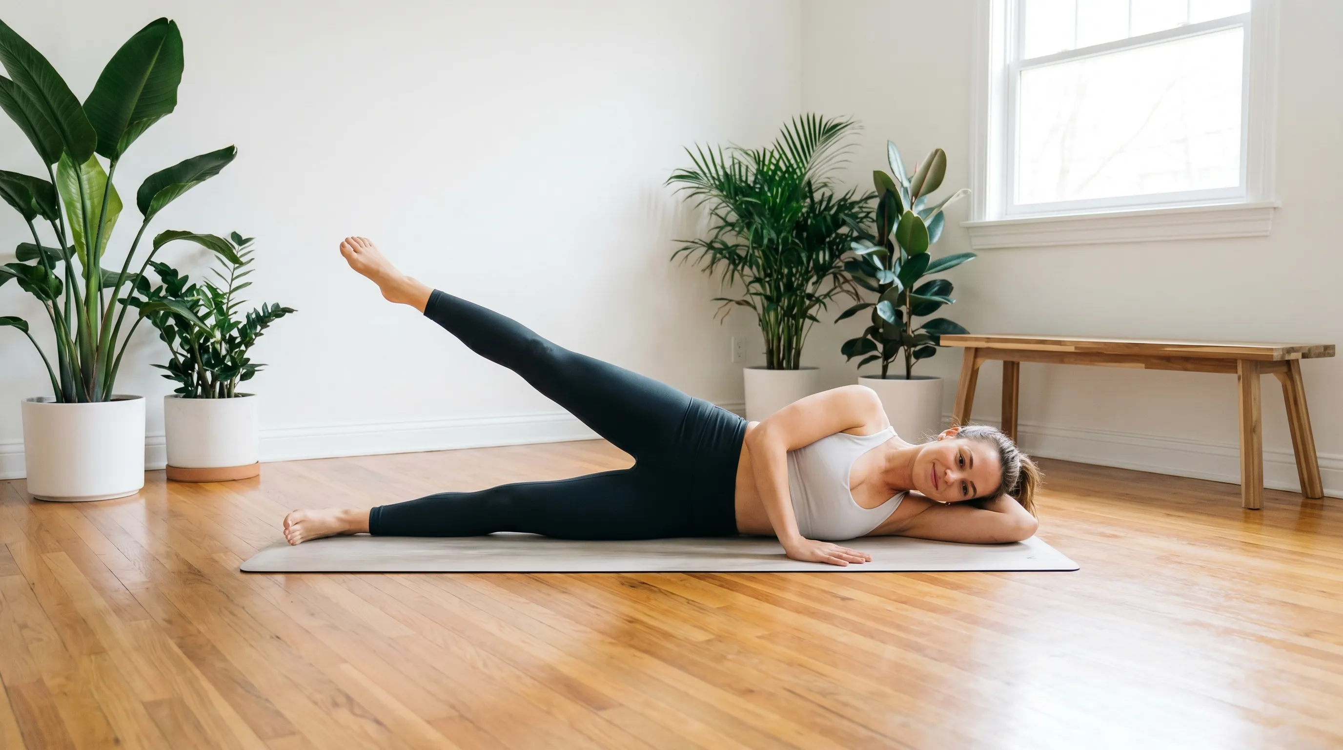 An individual performing a controlled side plank variation with proper spinal alignment in a well-lit home fitness space, emphasizing core stability and hip strengthening exercises