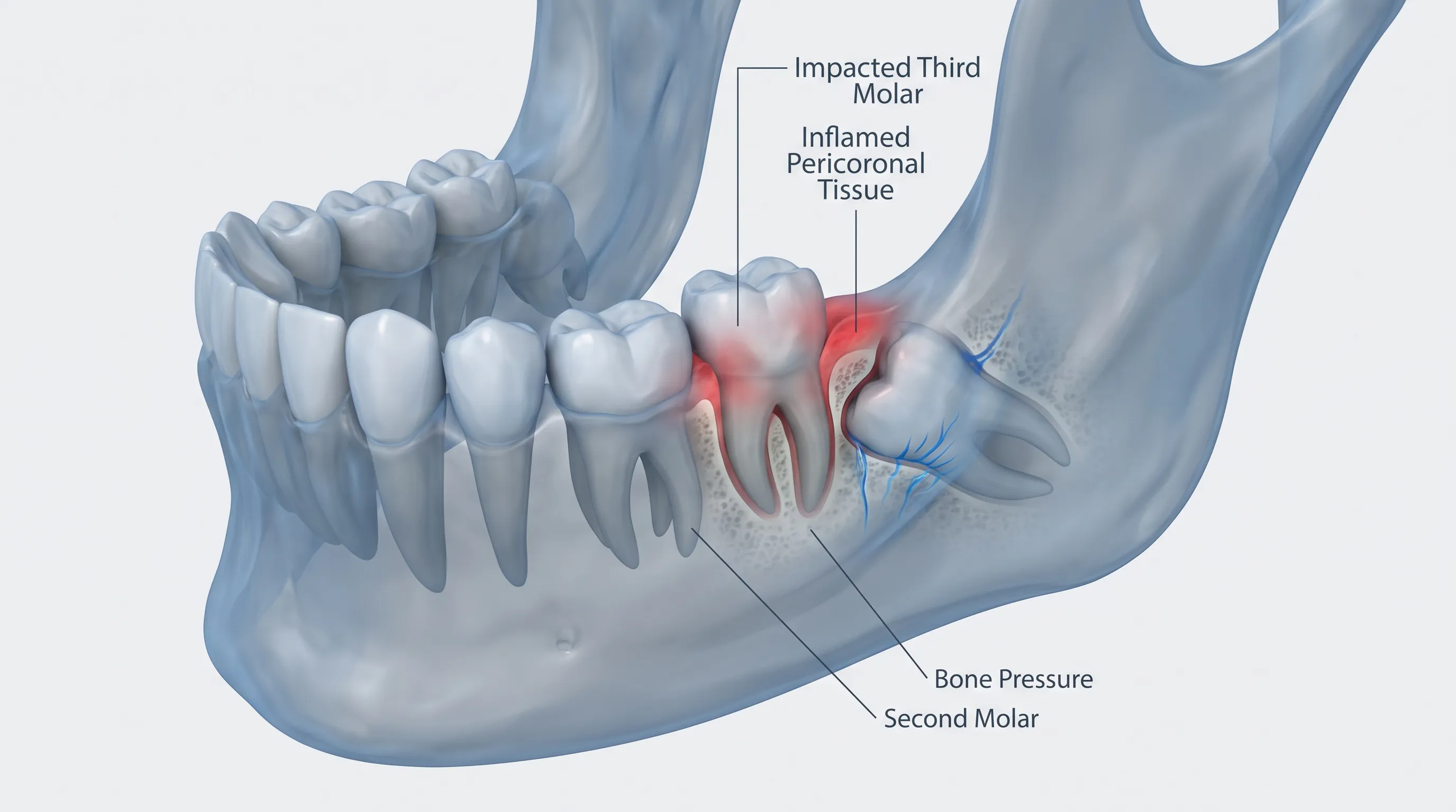 A detailed 3D anatomical illustration showing a lower jaw with wisdom teeth at various stages of eruption and impaction, highlighting gum tissue inflammation and pressure on adjacent molars, clean medical style with blue and gray accents