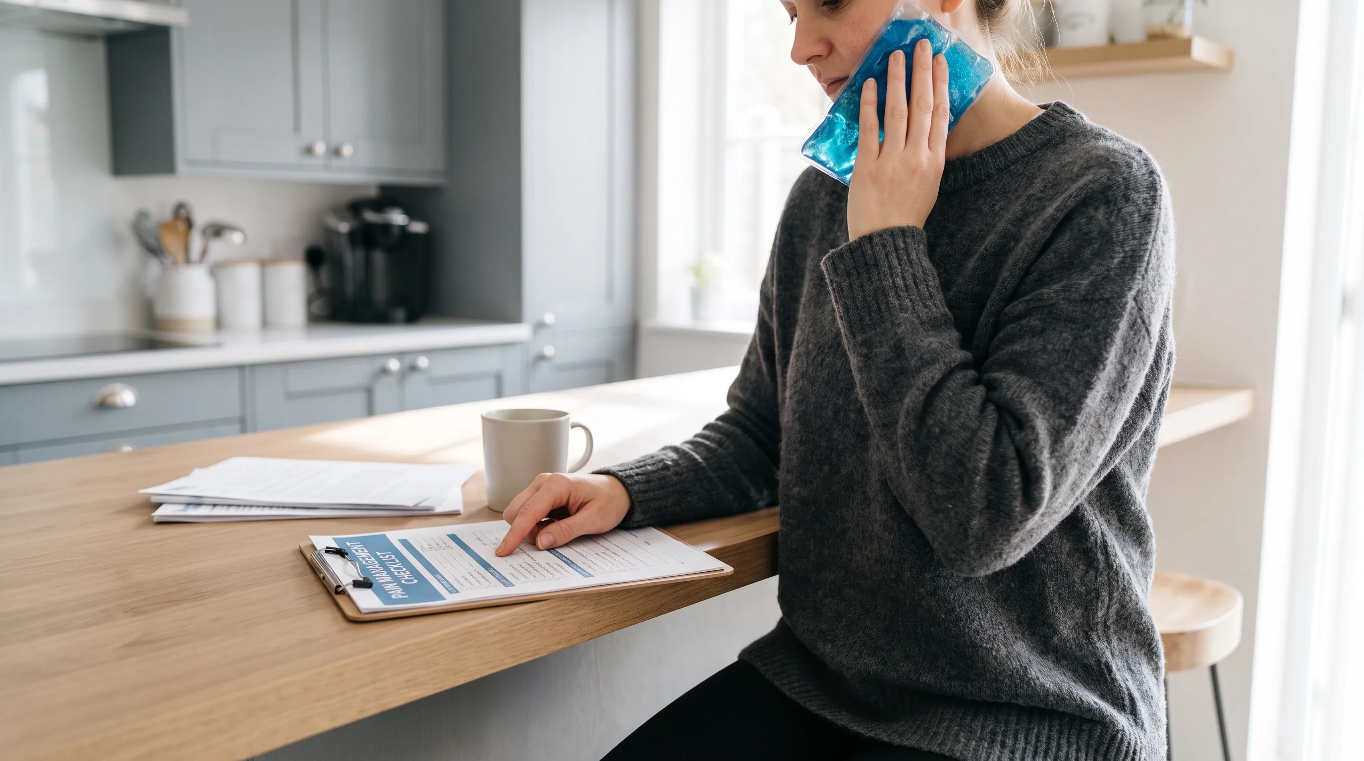 A lifestyle scene of a person sitting comfortably at a kitchen counter applying a cold compress to their cheek while reviewing a printed pain management checklist, soft natural lighting, modern minimalist background, gray and blue tones
