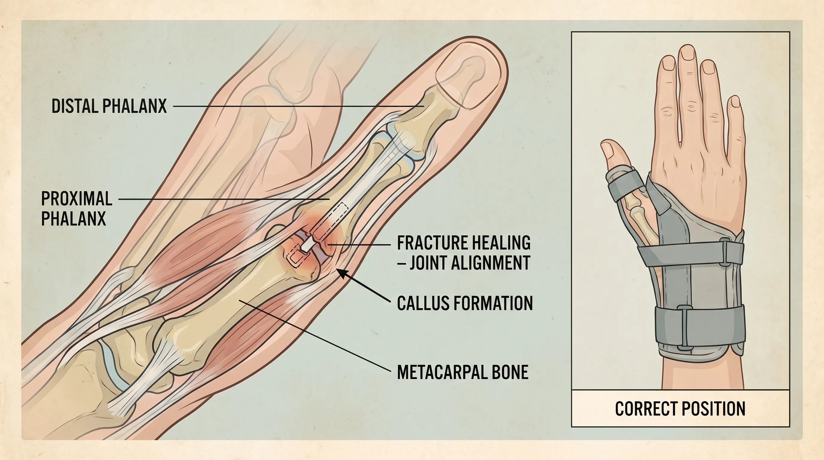 Illustration showing thumb anatomy and joint alignment during healing