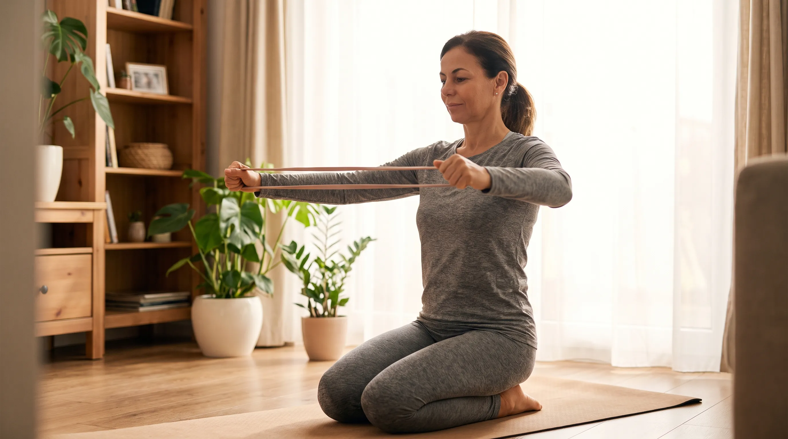 Woman practicing targeted chest and back exercises with proper form in a bright, minimalist home gym setting