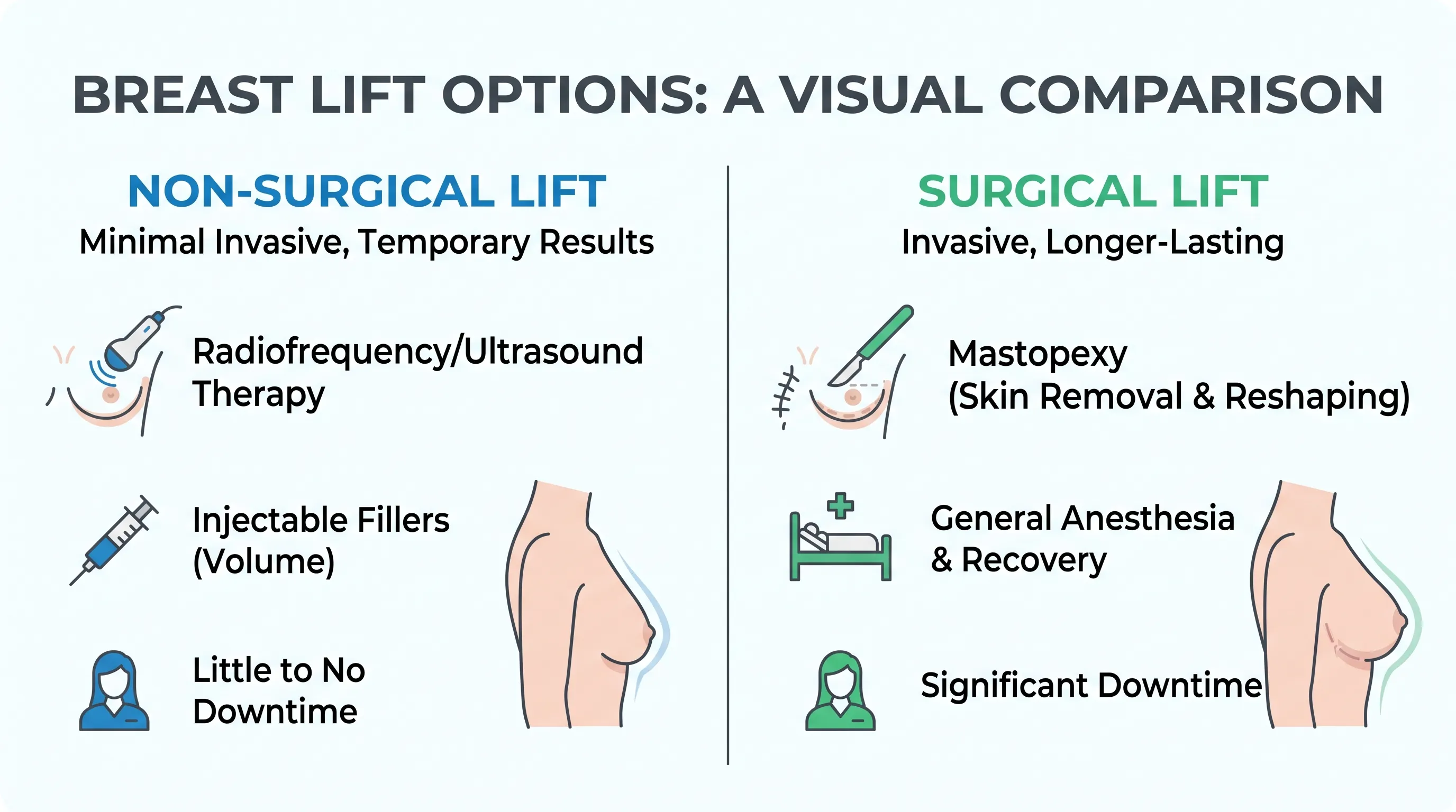 Side-by-side clinical comparison chart illustrating non-surgical versus surgical breast lift pathways, recovery timelines, and expected outcomes