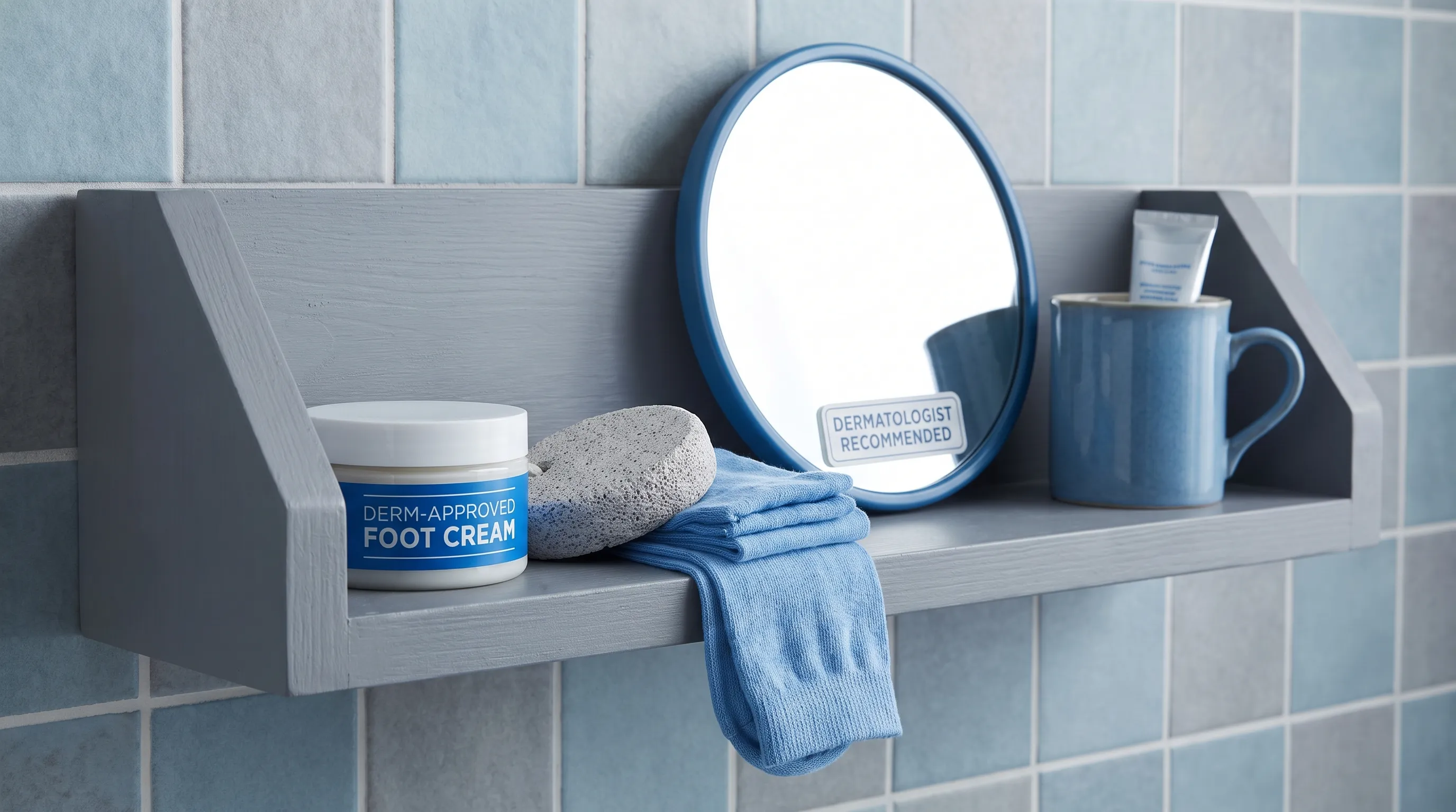 Organized wellness display showing supportive athletic footwear, moisturizing foot creams, and a soft measuring tape arranged on a clean surface with soft blue lighting, emphasizing daily foot care preparation