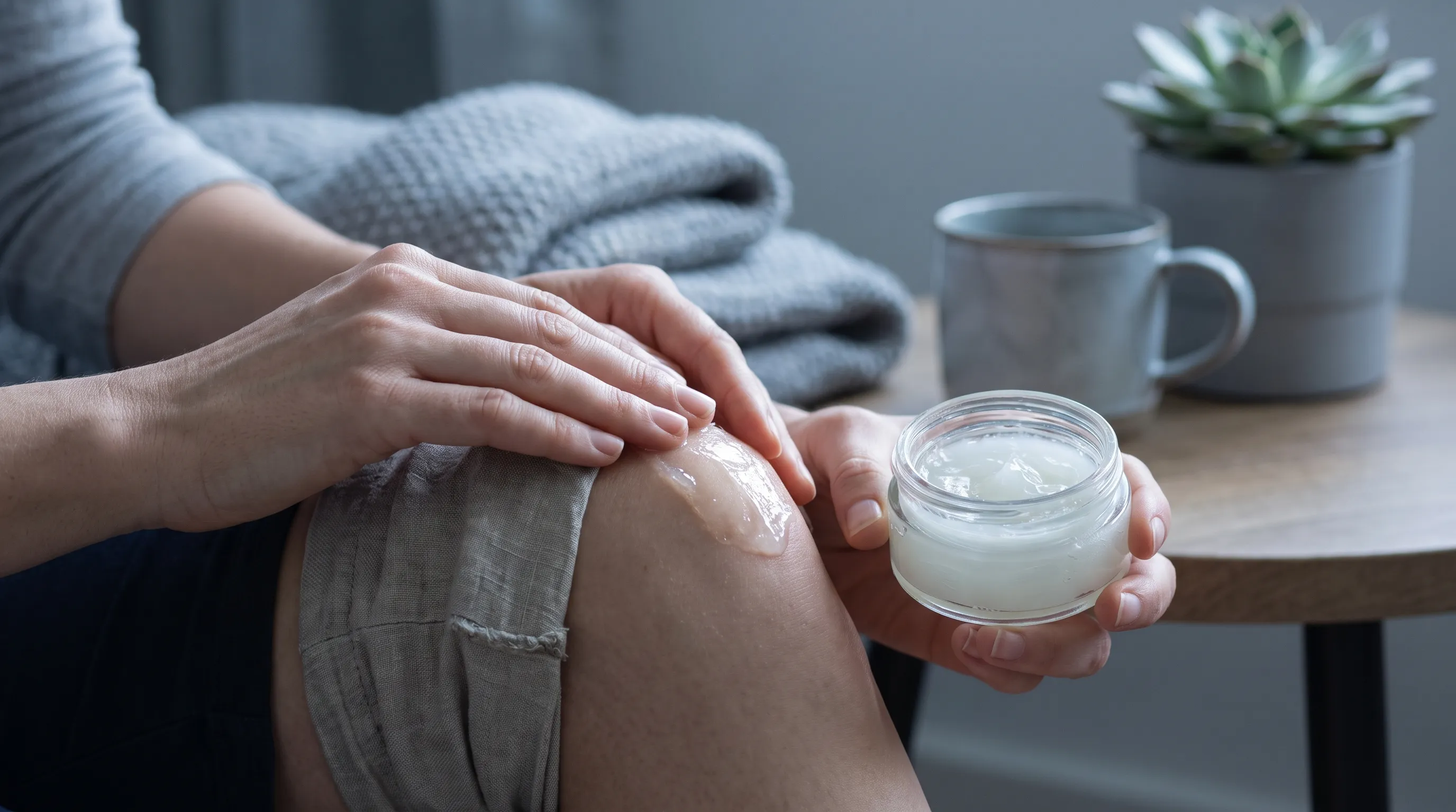 Fotografía profesional en primer plano de manos aplicando un bálsamo tópico translúcido con CBD sobre una articulación de la rodilla, centrada en la textura del producto y un entorno de bienestar relajado, gradación de color gris y azul, iluminación natural