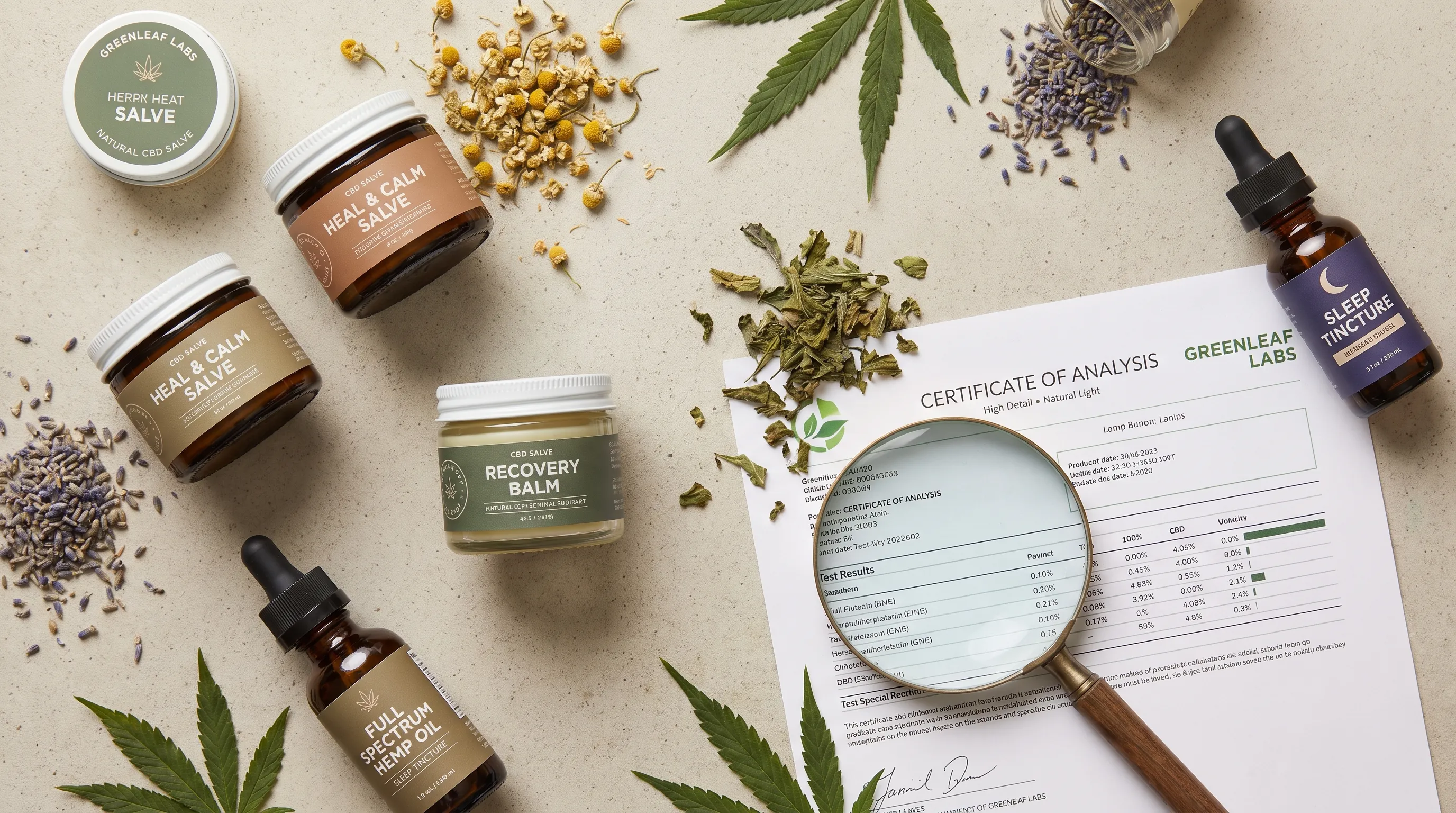 Composición plana con diversos frascos de bálsamo con CBD, botellas con gotero, botánicos secos, una lupa y un documento de certificado de análisis sobre una superficie limpia y moderna, tonos apagados, mucho detalle, proporción 4:3
