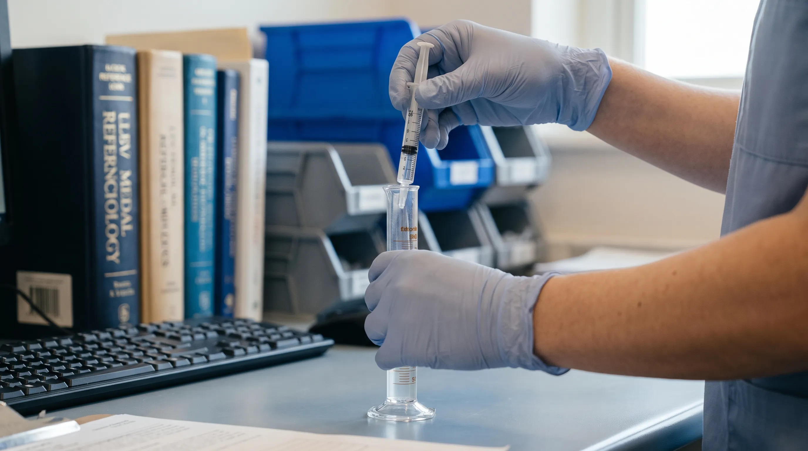 A clinical pharmacist reviewing medication charts with a focus on precise dosing calculations for pediatric and adult patients, soft gray and blue tones, professional healthcare environment, 4:3 ratio