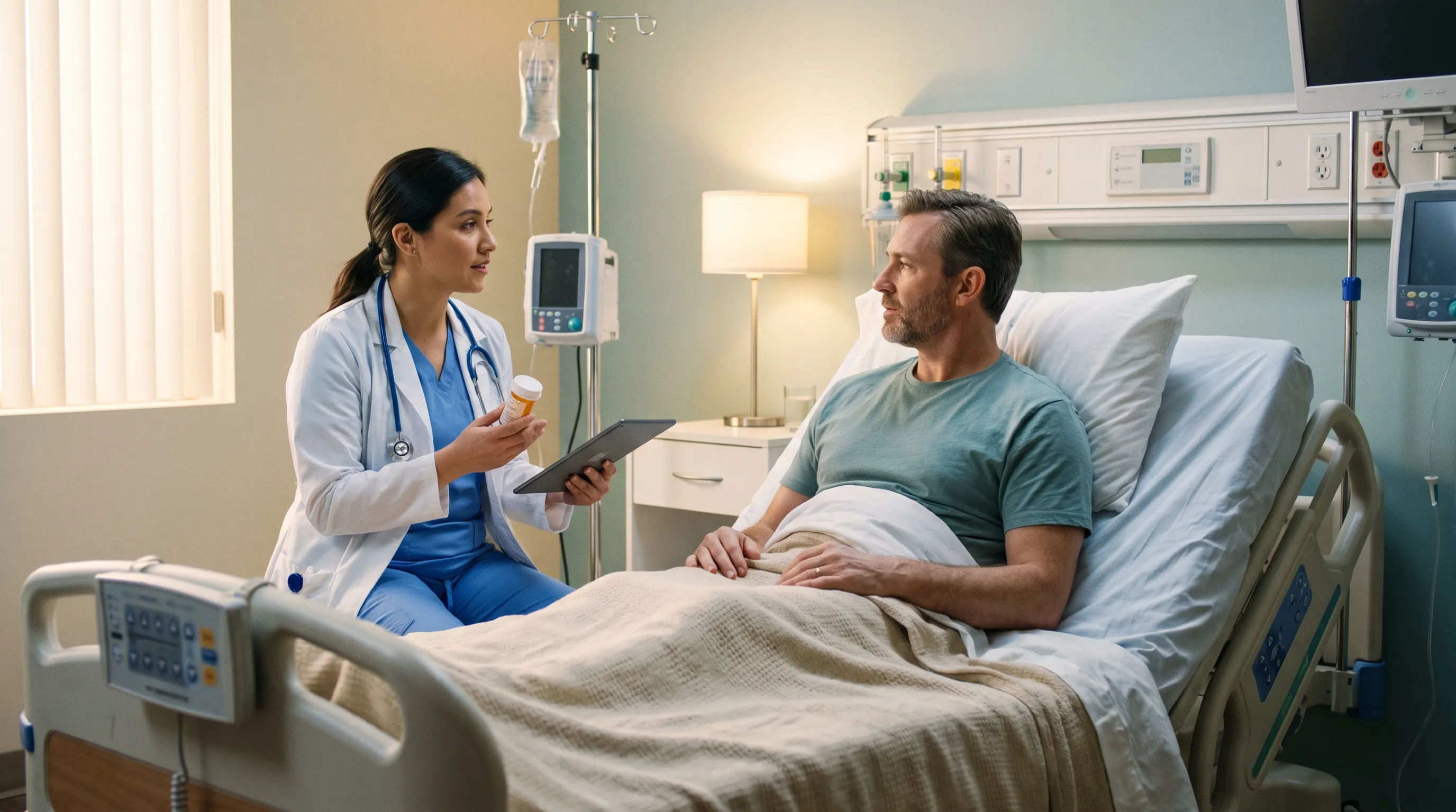 A calm hospital recovery room showing a healthcare provider discussing postoperative medication protocols with a resting patient, soft clinical lighting, professional environment, 4:3 ratio