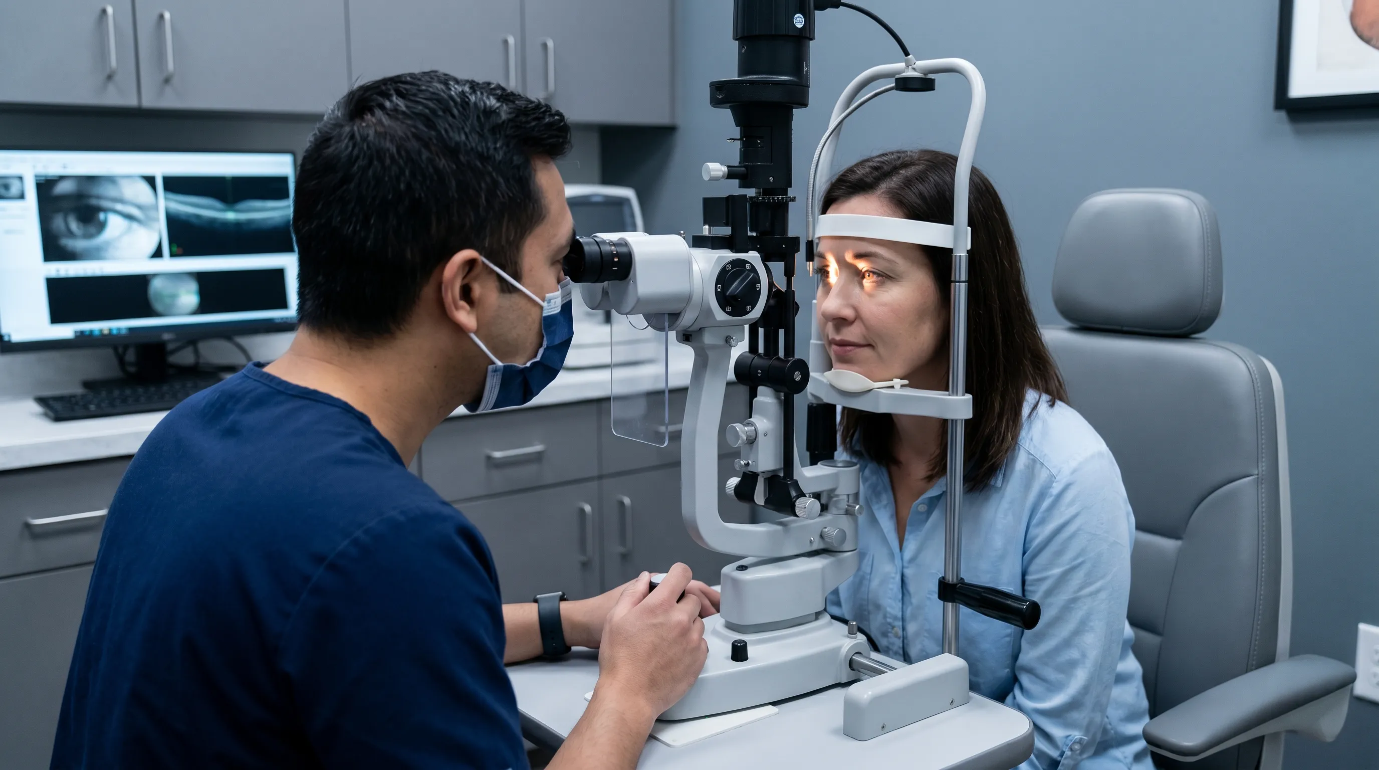 A professional optometrist uses a slit-lamp microscope to examine a patient's conjunctival tissue in a well-lit clinical environment, highlighting diagnostic precision