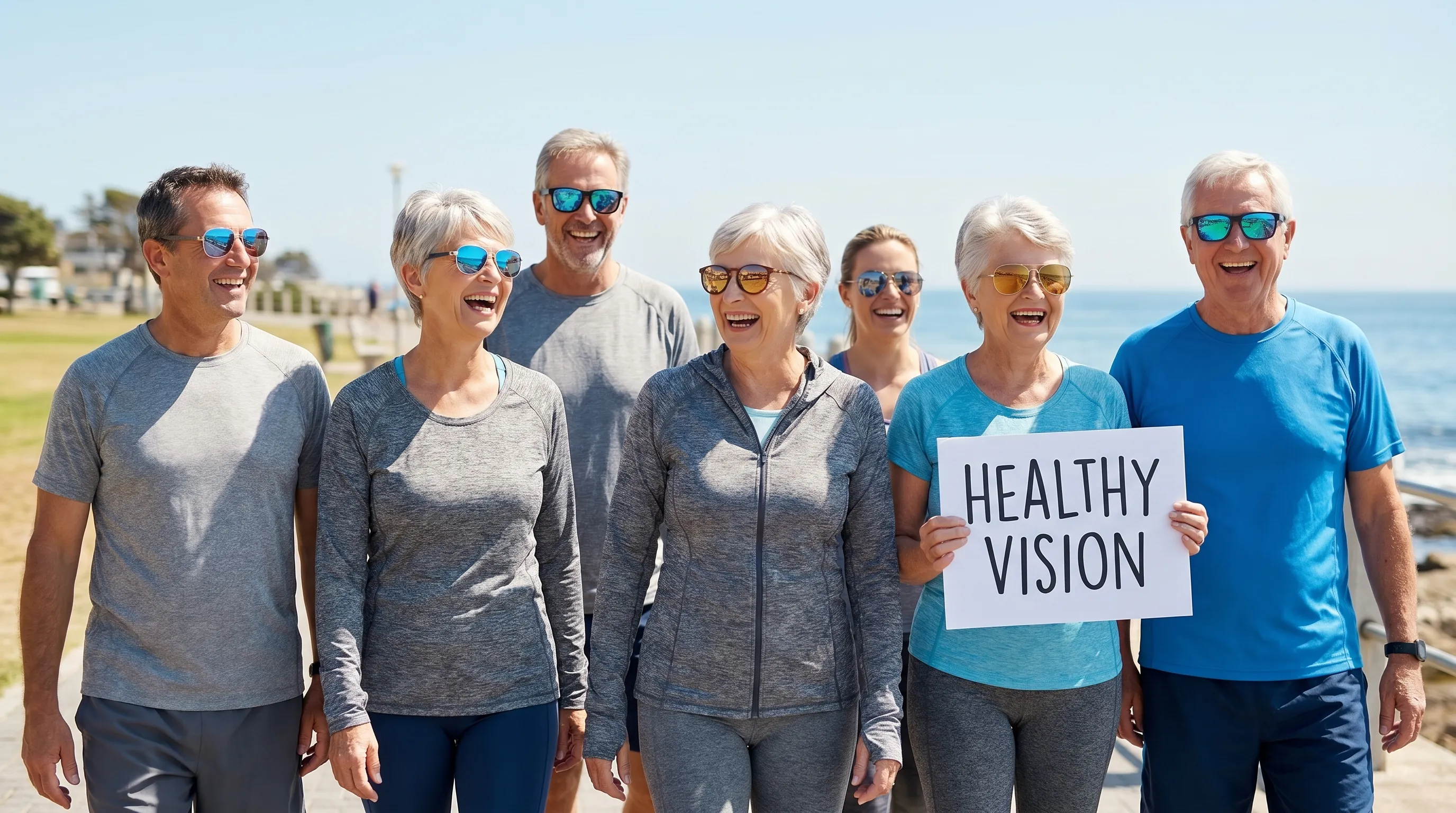 Diverse adults wearing UV-blocking sunglasses outdoors on a sunny day, emphasizing proactive eye protection and healthy lifestyle habits
