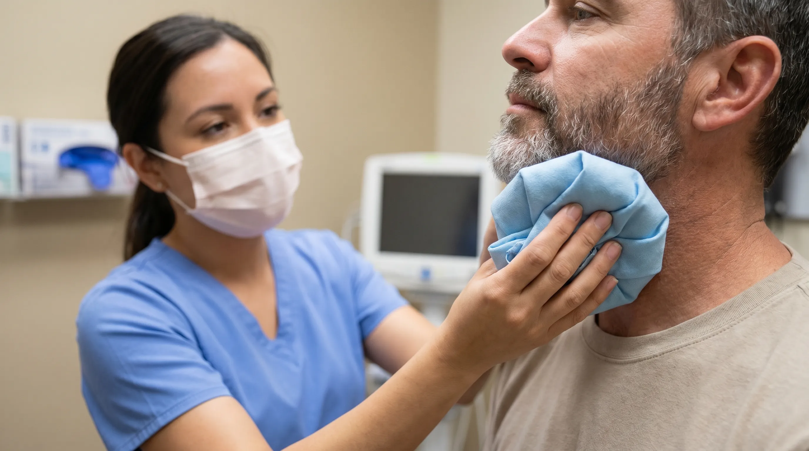 A healthcare professional demonstrating proper first aid techniques for minor facial injuries in a well-lit clinical consultation room