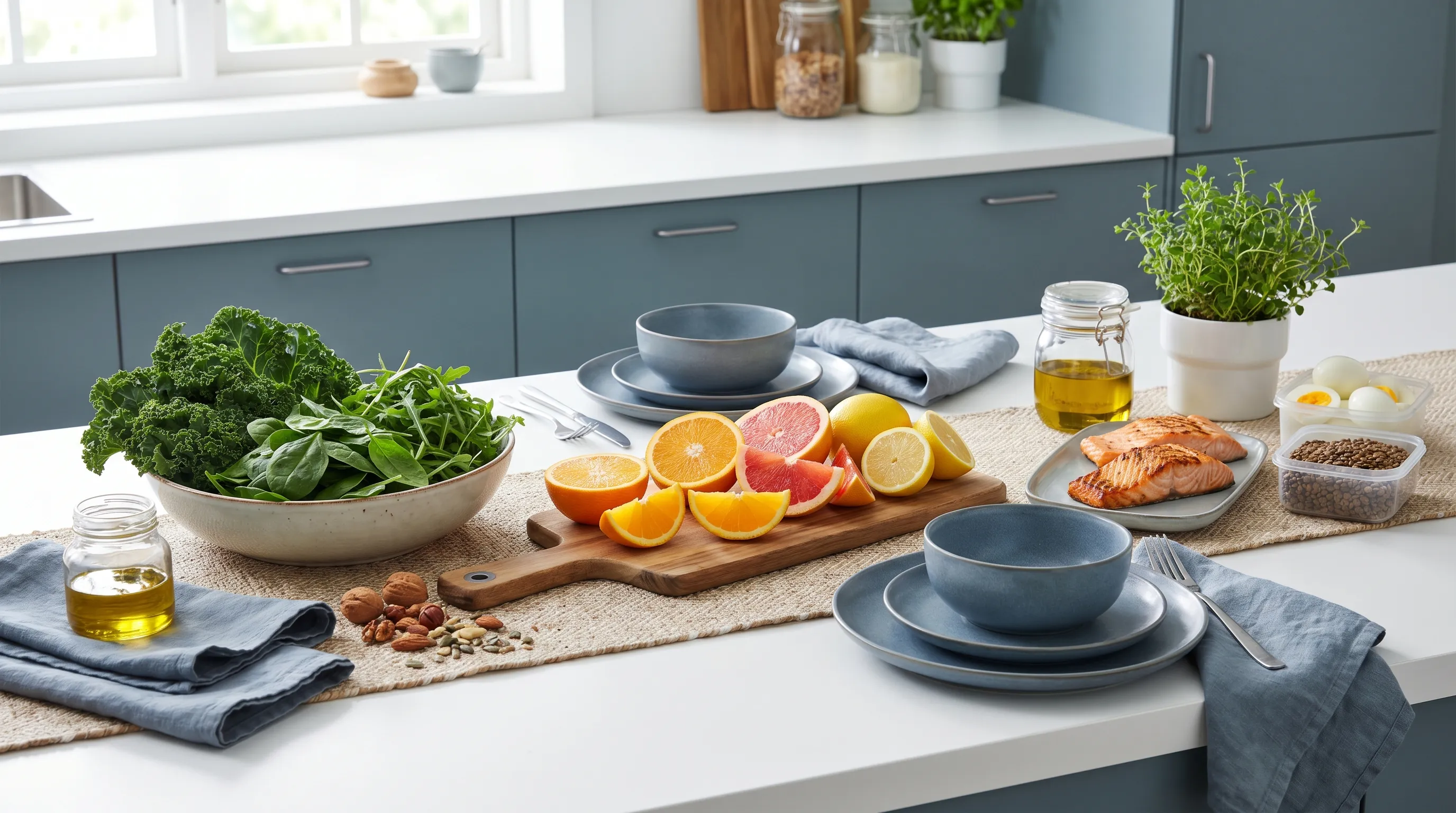 Close-up of healthy hydration routine showing water glass, herbal tea, and nutrient-dense snacks arranged on a modern wellness table