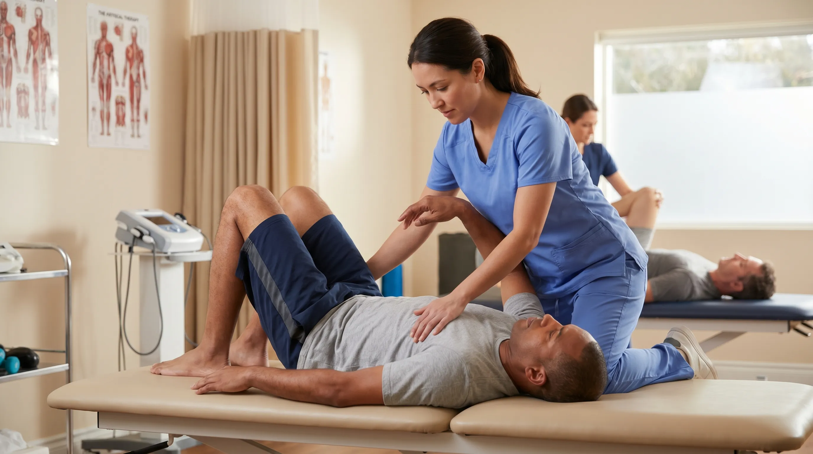 Physical therapist demonstrating a gentle abdominal stretching technique to a patient in a clinical rehabilitation setting, warm ambient lighting, realistic medical environment
