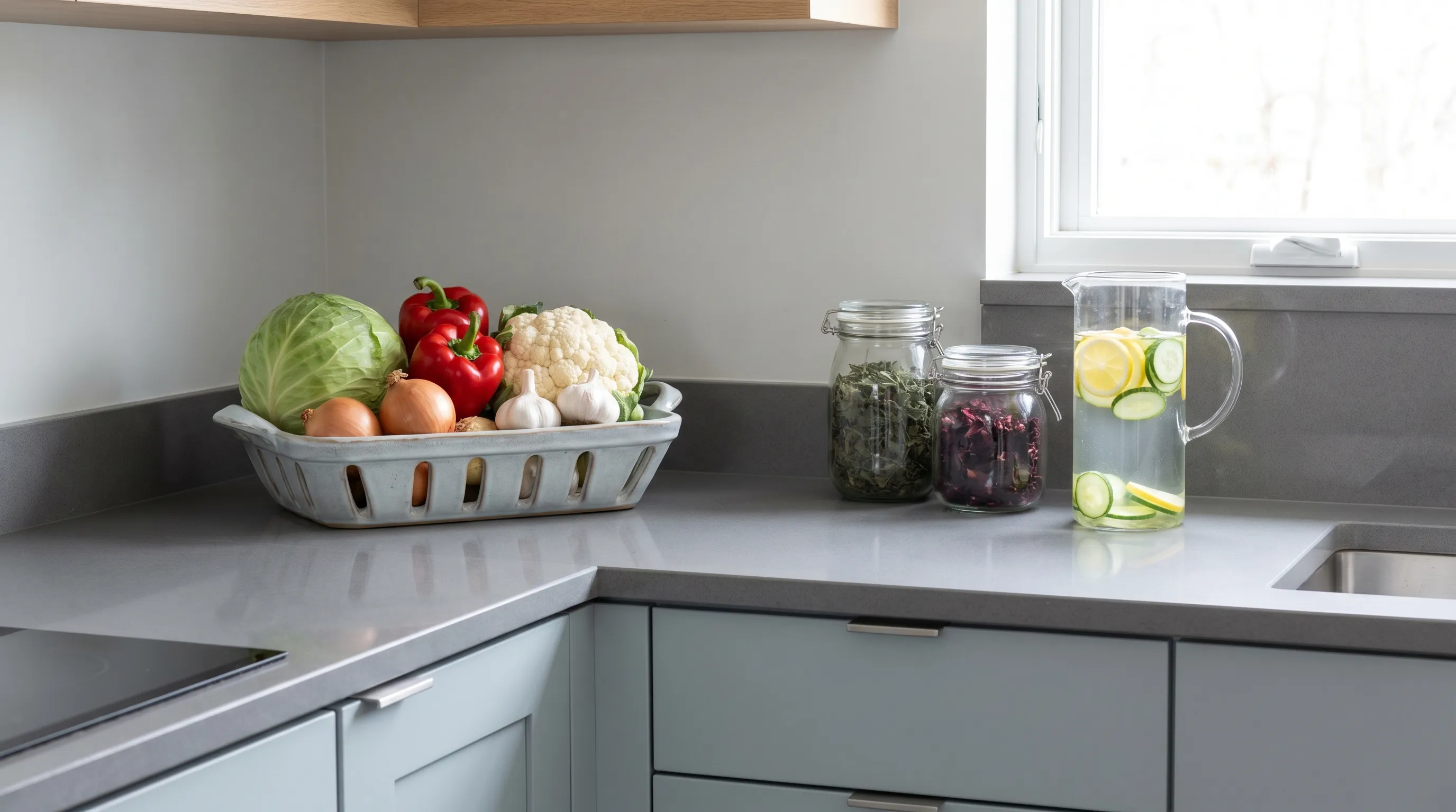 A clean, modern kitchen counter with fresh vegetables, herbal teas, and a pitcher of water, emphasizing kidney-friendly nutrition, gray and blue color palette, 4:3 ratio