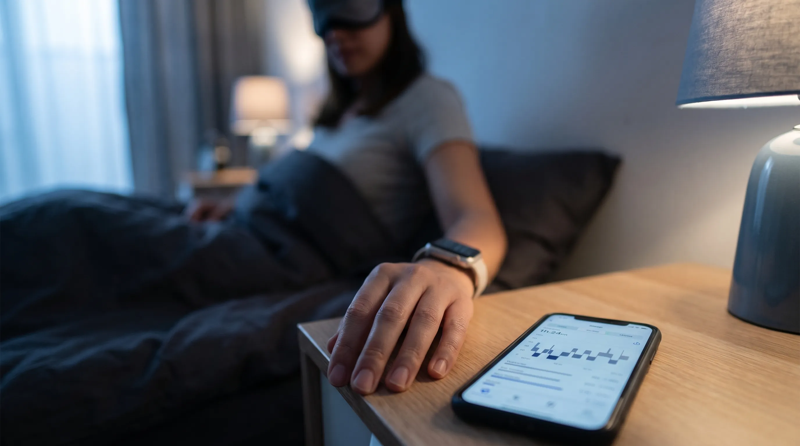 A person checking their sleep quality using a wellness tracker on a nightstand, soft lighting with gray and blue tones, professional health photography style, 4:3 ratio