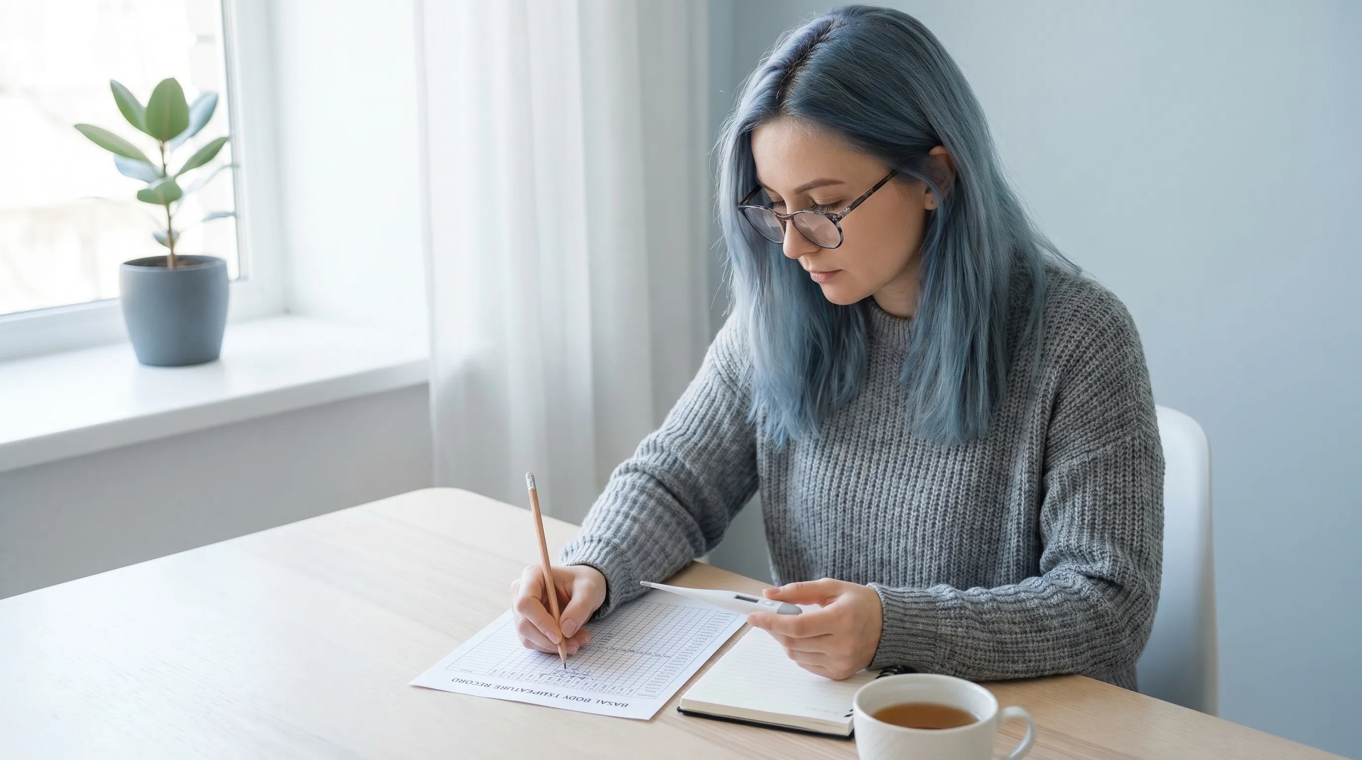 A professional medical lifestyle photo showing a woman carefully recording basal body temperature readings on a chart, soft natural lighting, muted blue and gray tones, clean minimalist background, 4:3 ratio