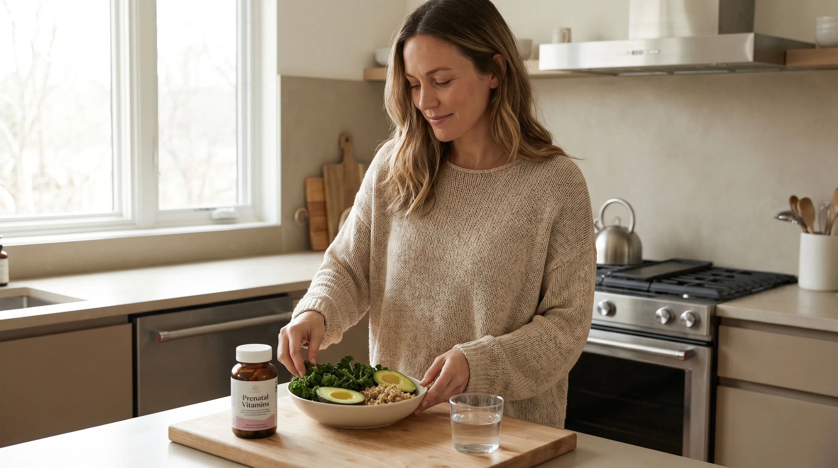 A peaceful wellness scene depicting a woman preparing a nutrient-rich meal with leafy greens, whole grains, and prenatal supplements, photographed in soft daylight with a clinical yet cozy aesthetic, 4:3 ratio
