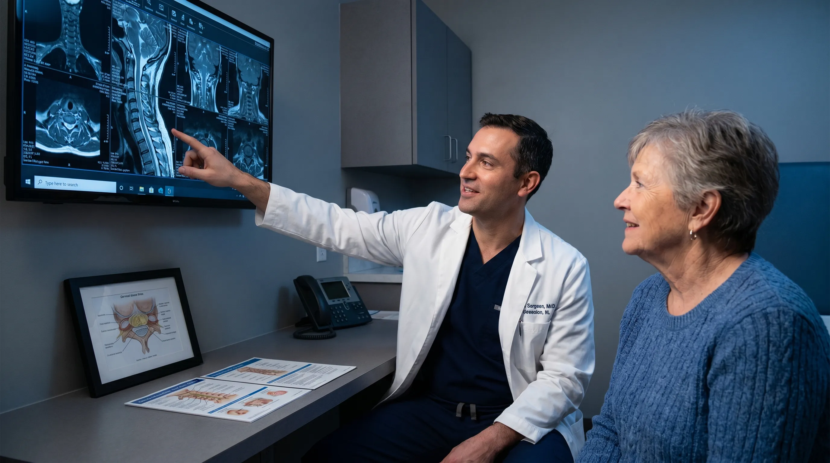 Surgeon consulting with a patient about cervical spine imaging and treatment options