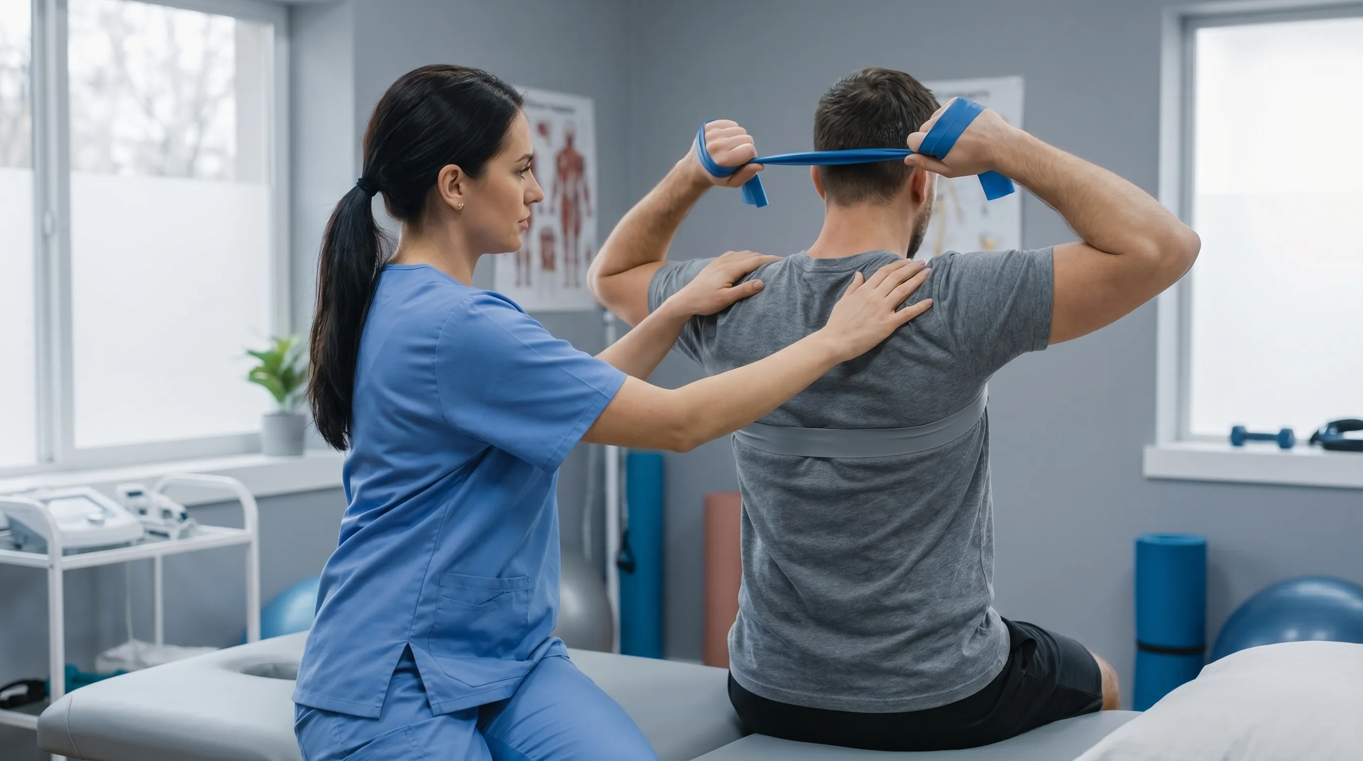 Physical therapist guiding a patient through gentle cervical stabilization exercises
